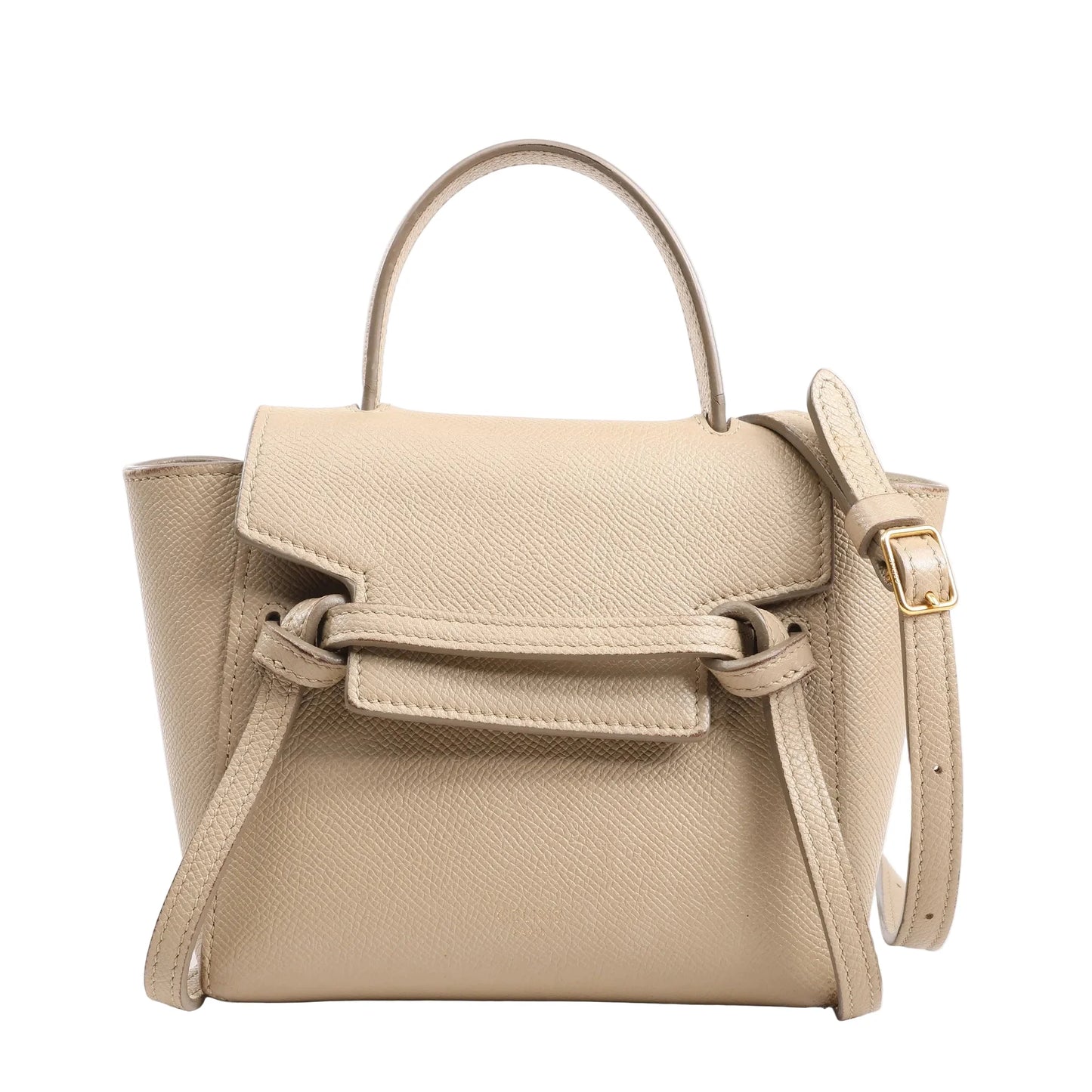 Celine Belt Bag Pico in beige grained leather featuring a structured silhouette, top handle, front flap with signature belt detail, and detachable shoulder strap with gold-tone buckle, displayed against a white background.