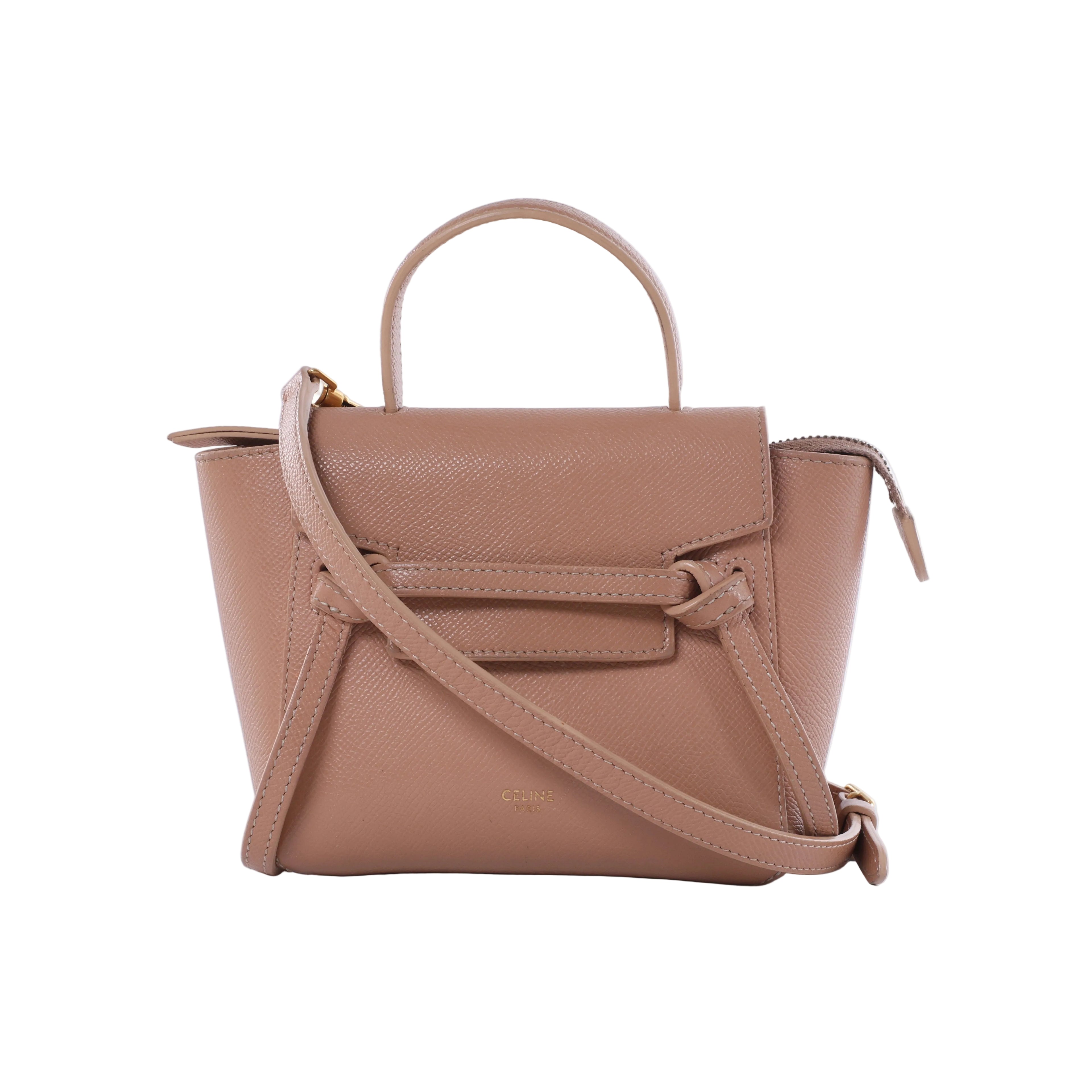 Beige Celine Pico Belt Bag in leather with top handle, long shoulder strap, winged sides and gold-tone hardware.