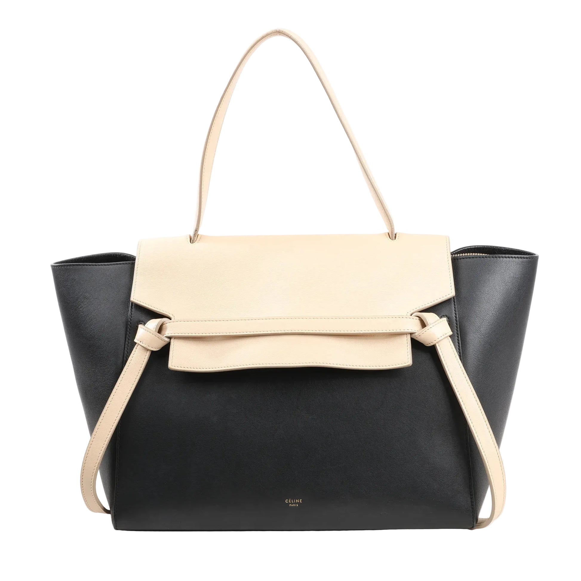 Celine Belt Bag Mini 2-way handbag in black and beige calfskin leather with top handle, front flap, knotted belt detail, and structured side wings.