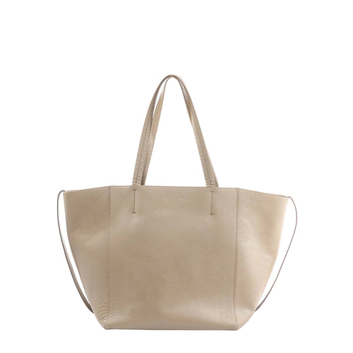 Beige leather tote bag with double top handles and an open top, structured wide silhouette photographed on a white background.