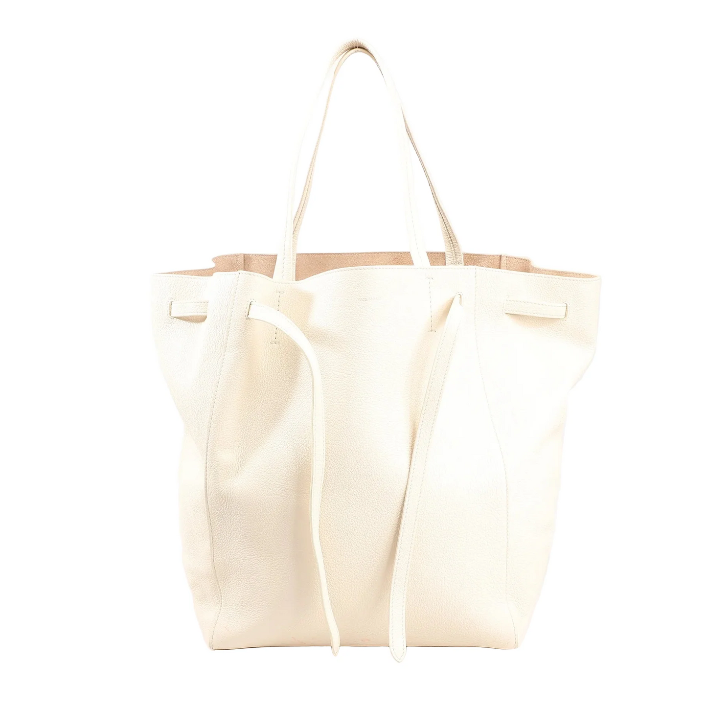 Celine Cabas Phantom medium shoulder bag in white leather with extended side ties and dual handles.