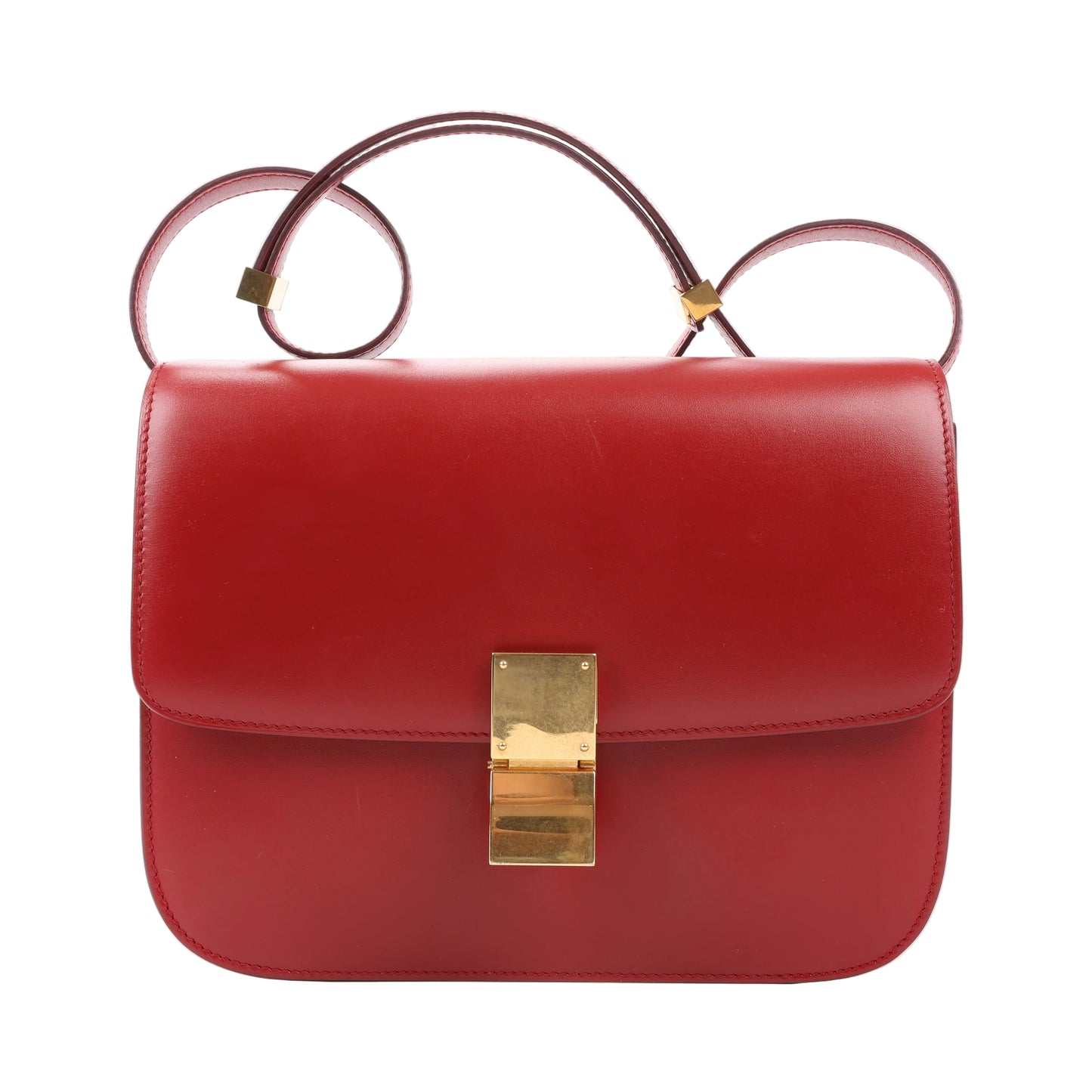 CELINE Classic Box Medium shoulder bag in smooth red calfskin leather with structured flap design, adjustable strap, and gold-tone push-lock closure.