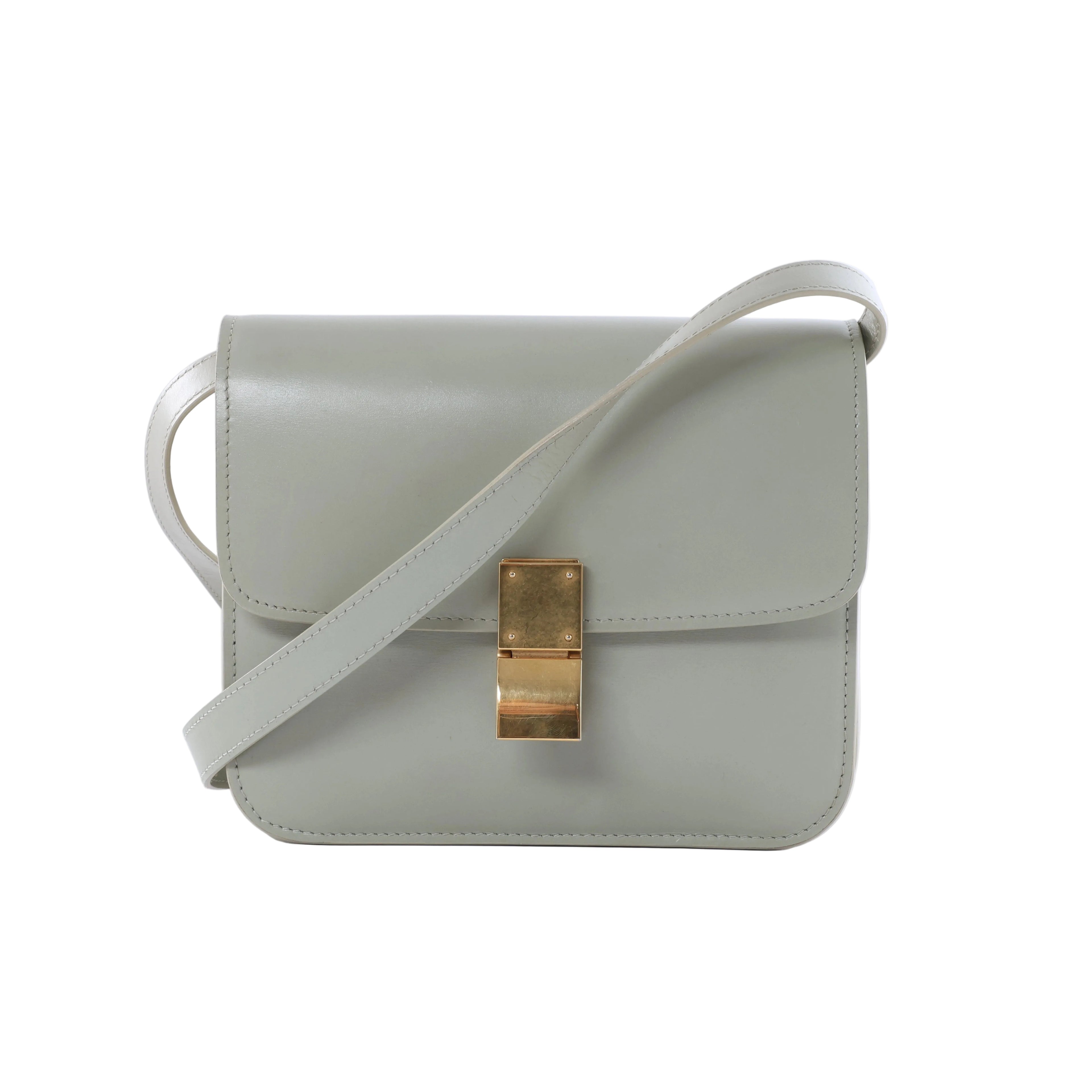 Celine Classic Box Small light green leather shoulder bag with structured flap, gold-tone rectangular clasp and slim matching strap.