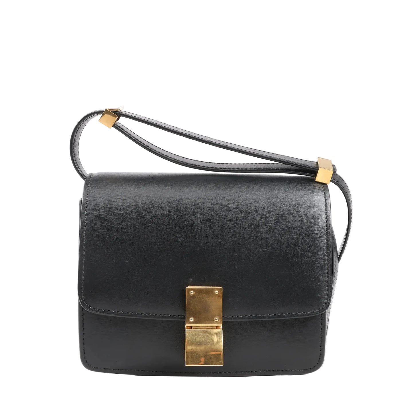 Celine Classic Box Small shoulder bag in smooth black leather featuring a structured silhouette, gold-tone push-lock closure, and adjustable leather strap.