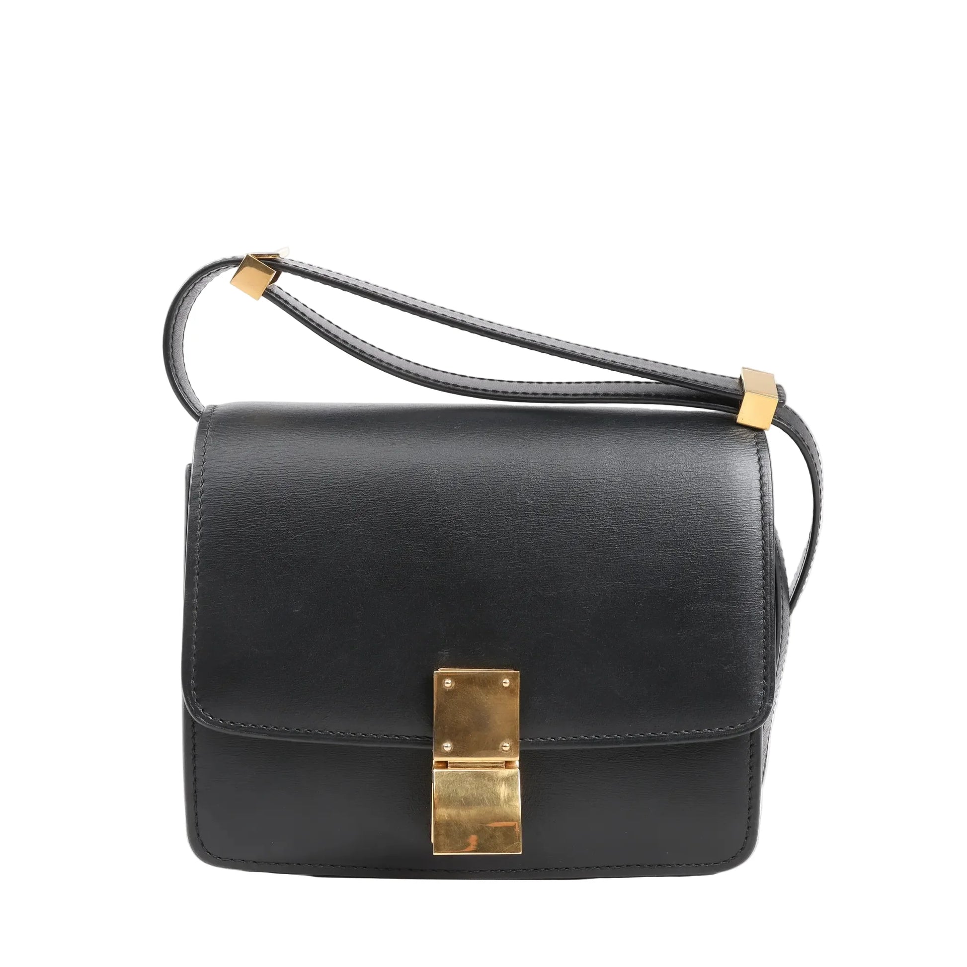 Celine Classic Box Small shoulder bag in smooth black leather featuring a structured silhouette, gold-tone push-lock closure, and adjustable leather strap.