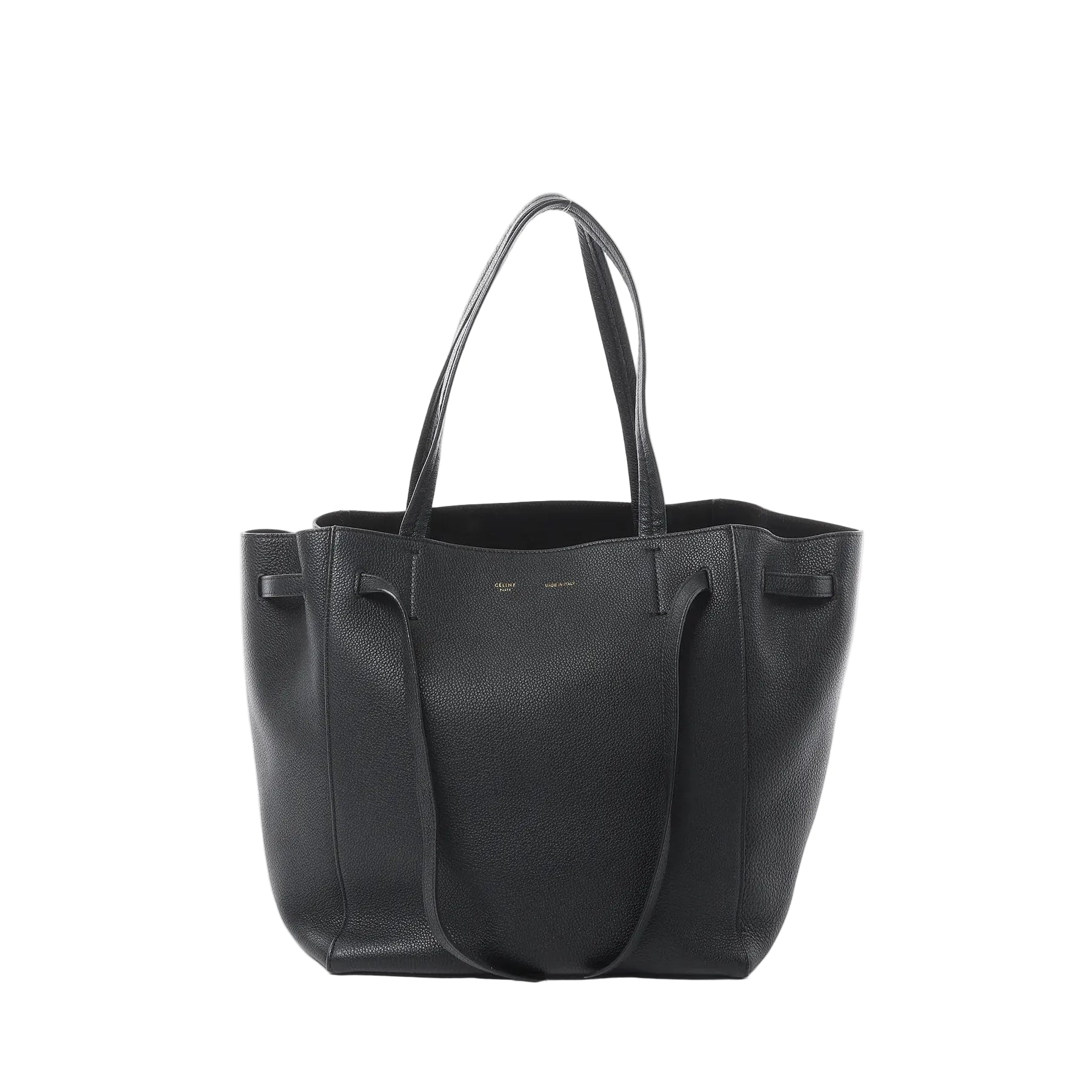Celine Cabas Phantom Small black grained leather tote bag with long shoulder straps on white background