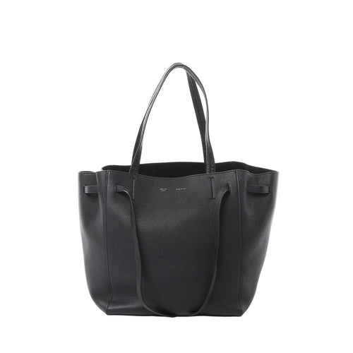 Celine Cabas Phantom Small black grained leather tote bag with long shoulder straps on white background