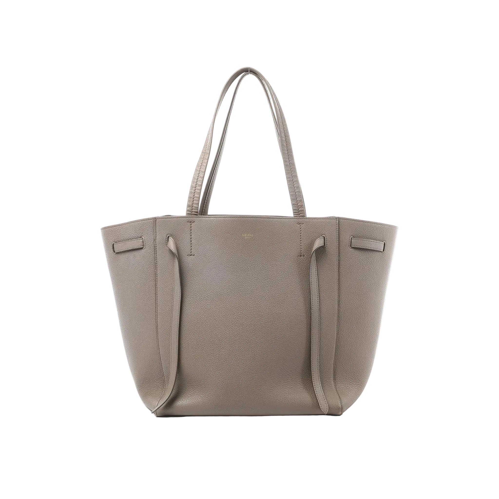Celine Cabas Phantom Small tote in taupe grained leather with two long shoulder straps and a structured open-top silhouette.