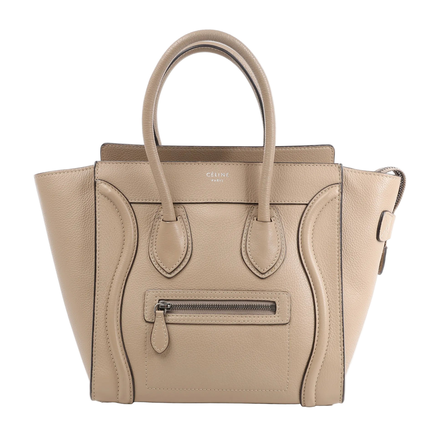 Celine Luggage Micro Handbag in beige grained leather with dual top handles, a front zip pocket, and curved stitched detailing, photographed upright against a white background.