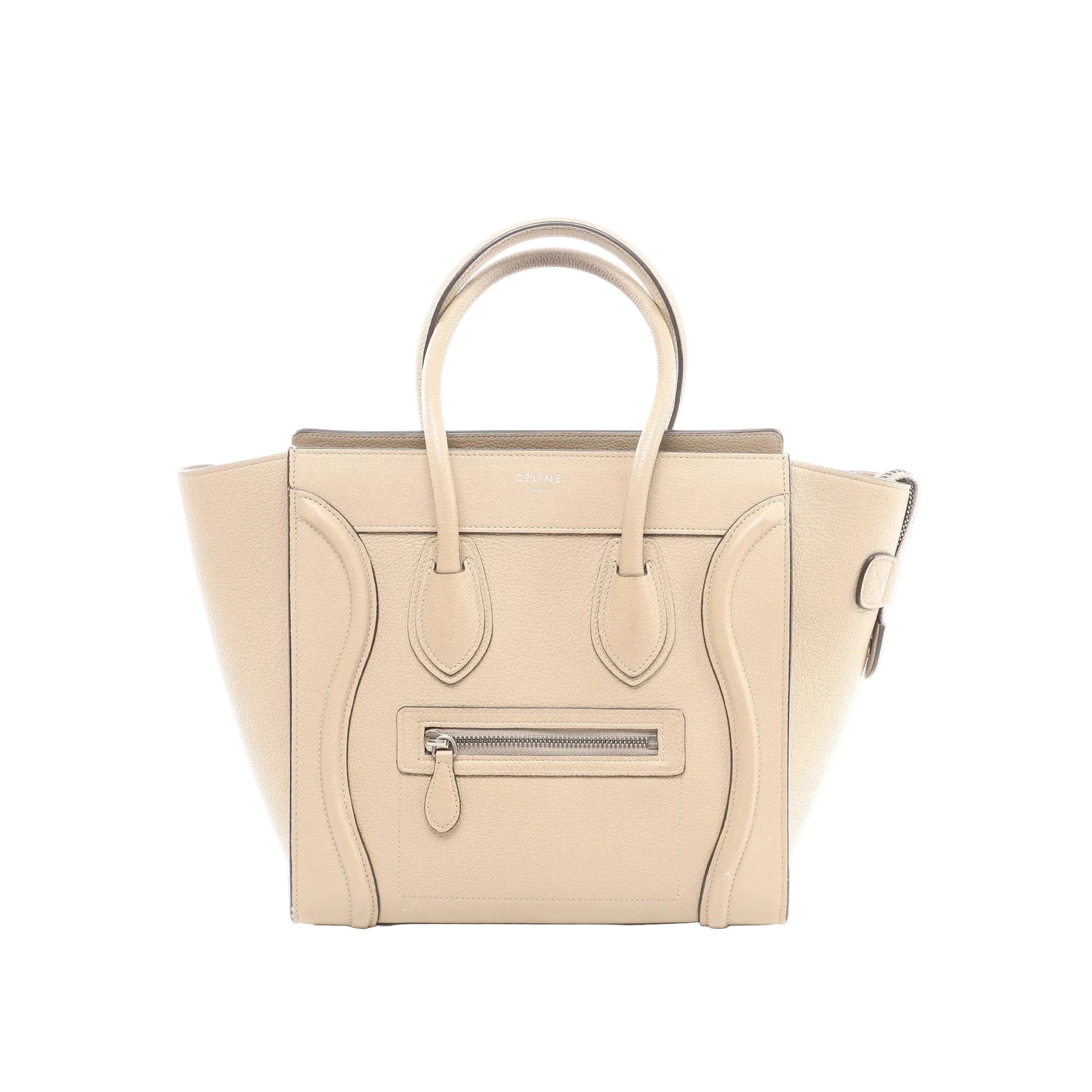 Beige Celine Luggage Micro leather handbag with two top handles, signature curved front panels, front zip pocket with leather pull, and winged sides, shown on a white background.