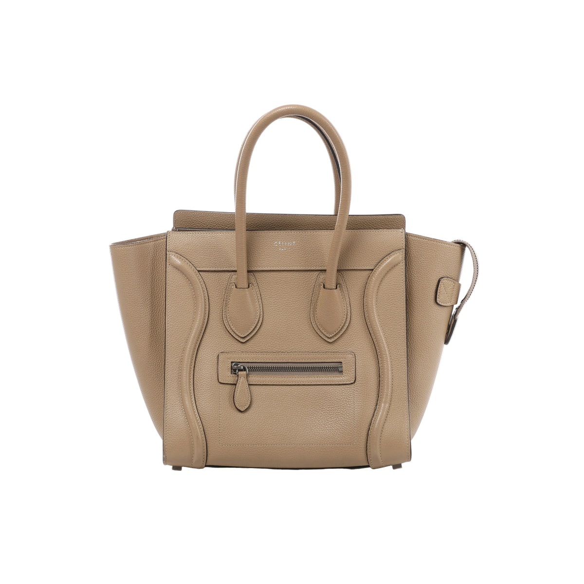Front view of Celine Luggage Micro beige grained leather handbag with flared sides, rounded top handles, curved leather trim and a front zip pocket.