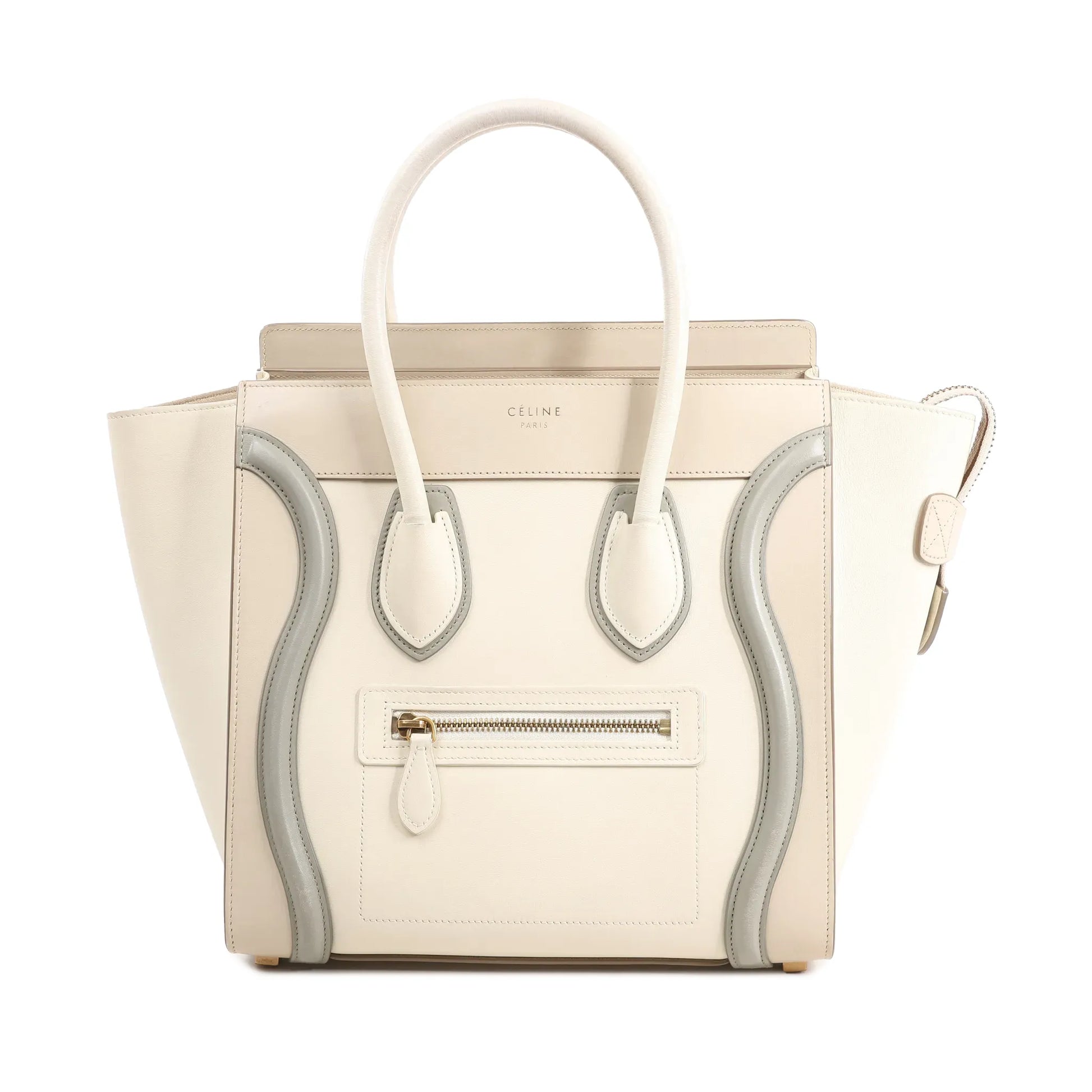 Celine Luggage Micro handbag in beige and gray leather featuring dual top handles, front zip pocket, and structured silhouette with curved gray leather trim.