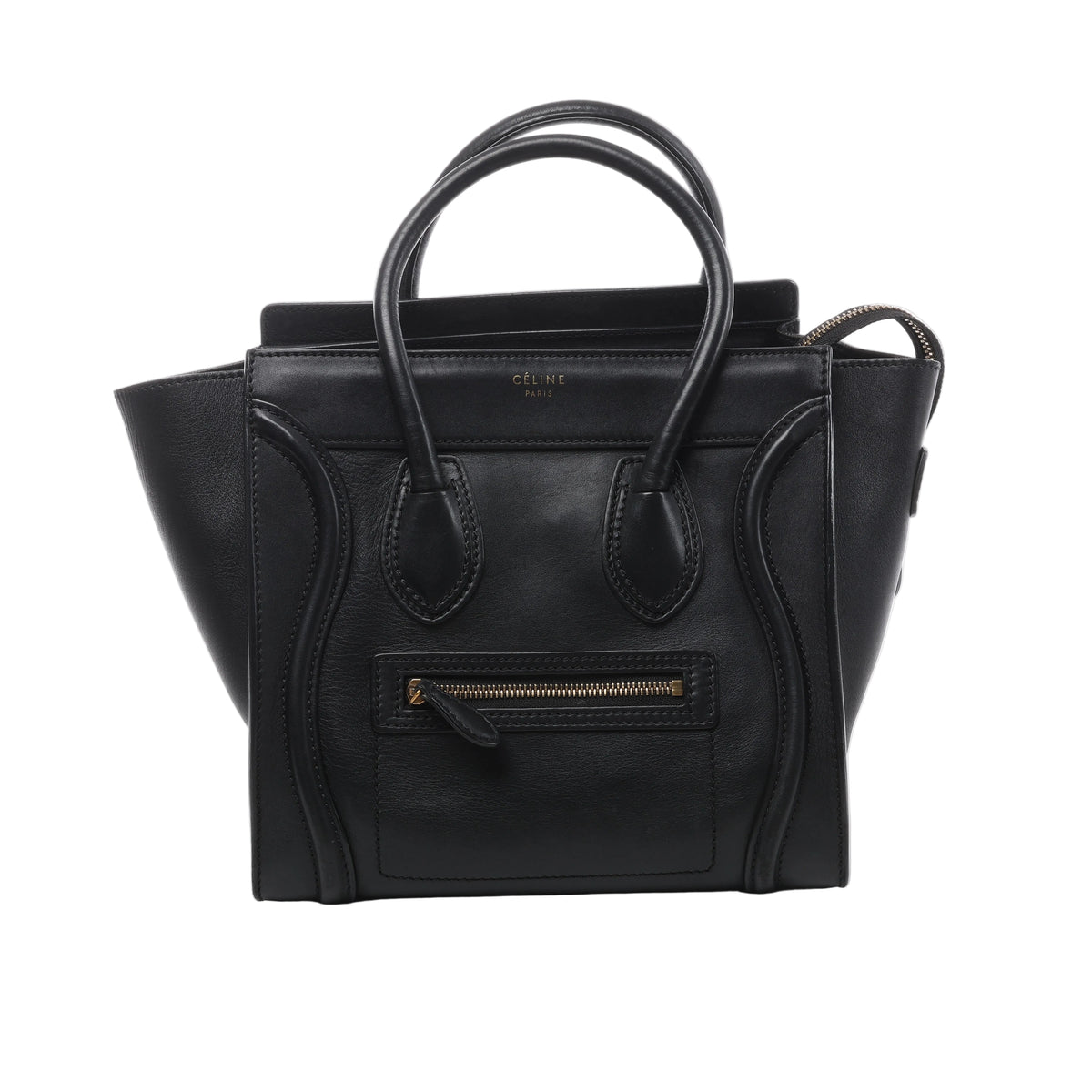 Black Celine Luggage Micro Shopper leather handbag with double top handles, winged sides, curved front piping, front zip pocket and gold-tone logo.