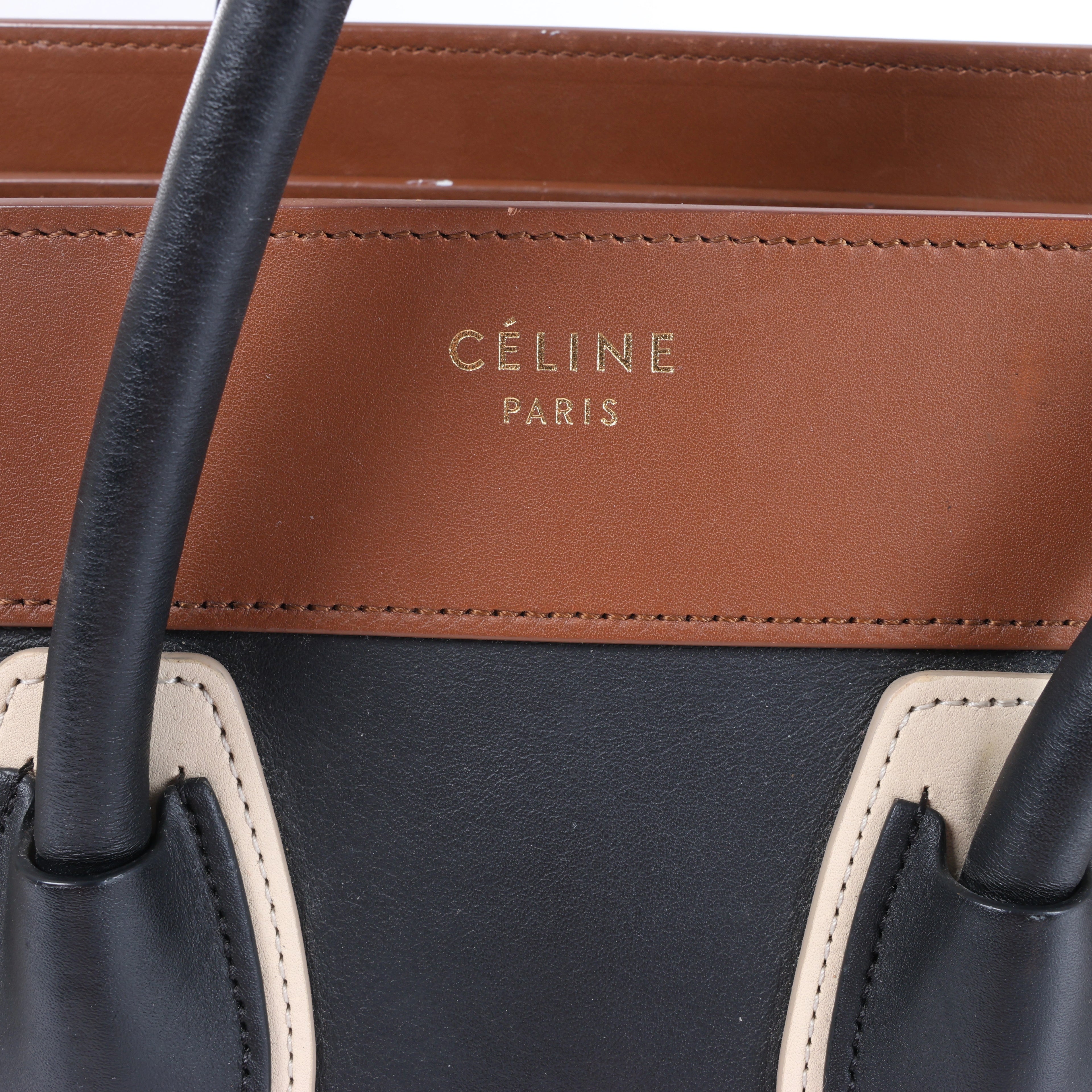 Celine Luggage Micro Shopper Leather Handbag in Black and Brown
