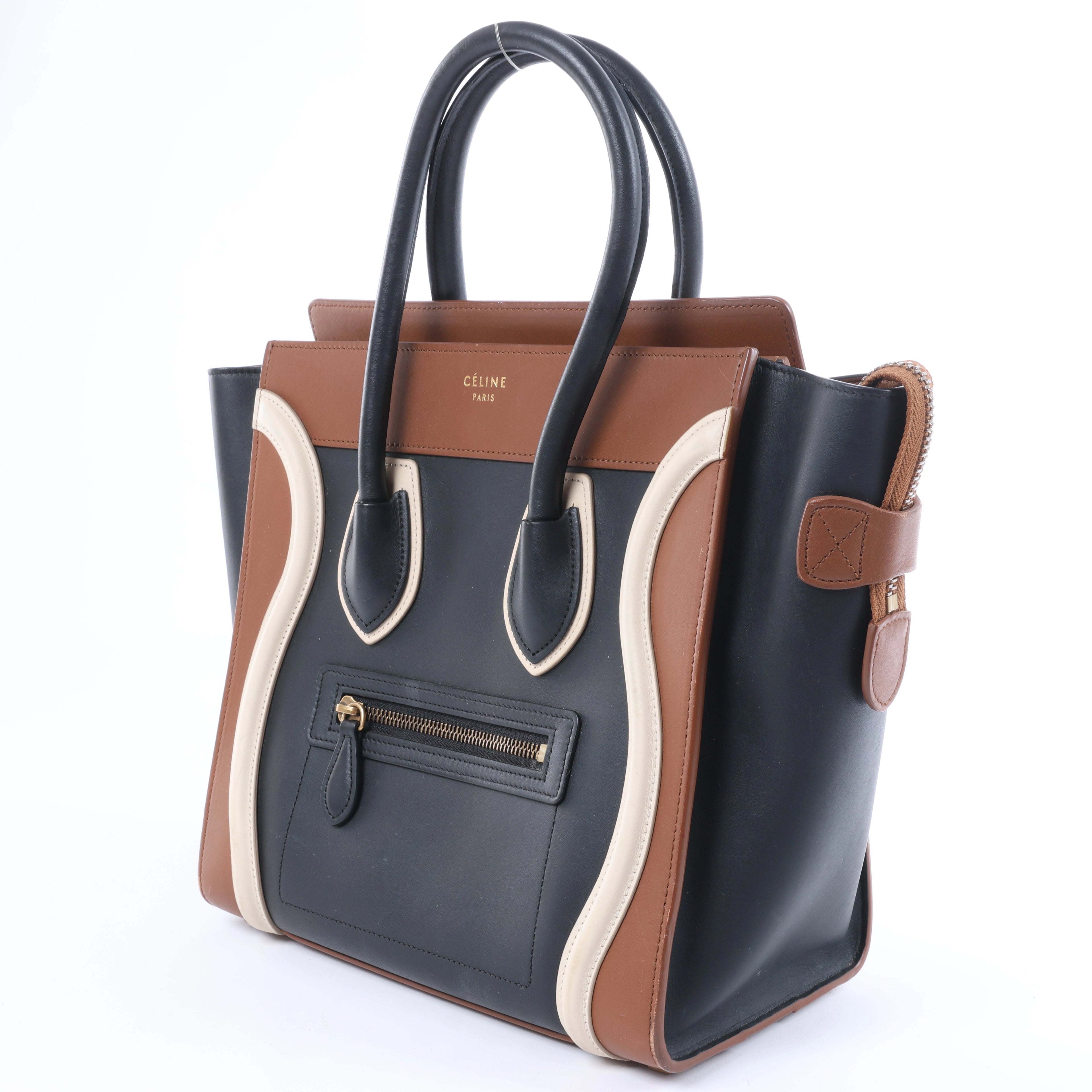 Celine Luggage Micro Shopper Leather Handbag in Black and Brown