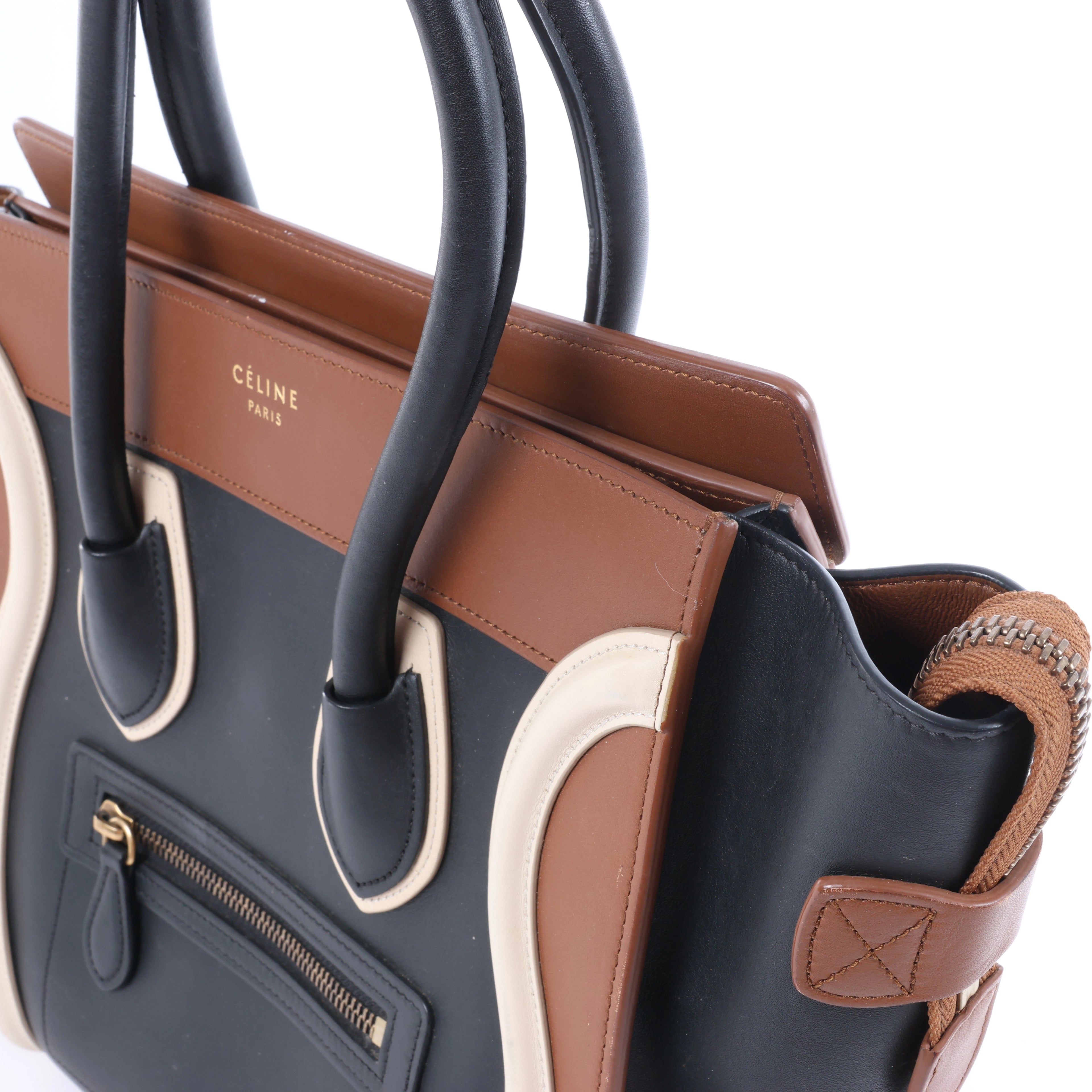 Celine Luggage Micro Shopper Leather Handbag in Black and Brown