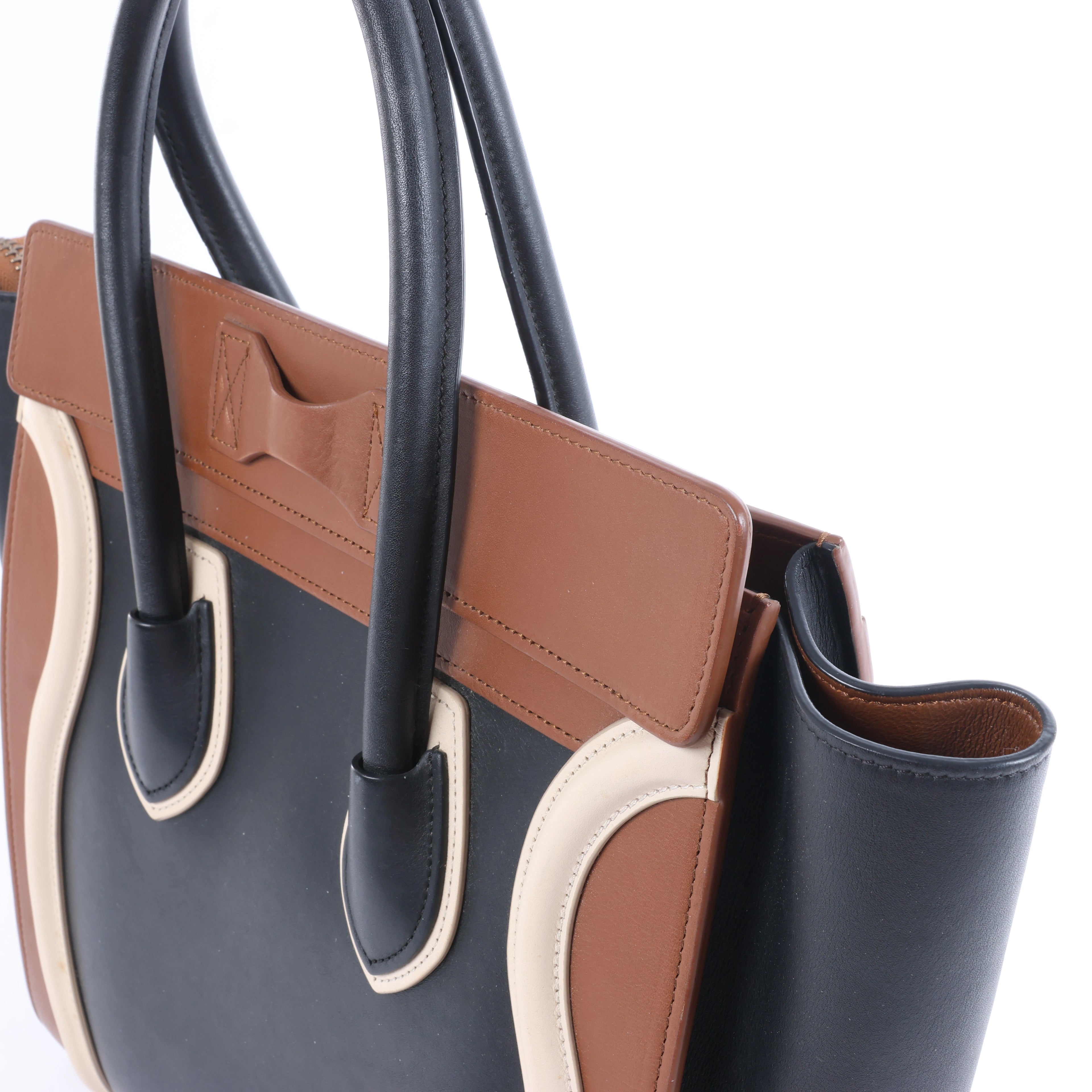 Celine Luggage Micro Shopper Leather Handbag in Black and Brown