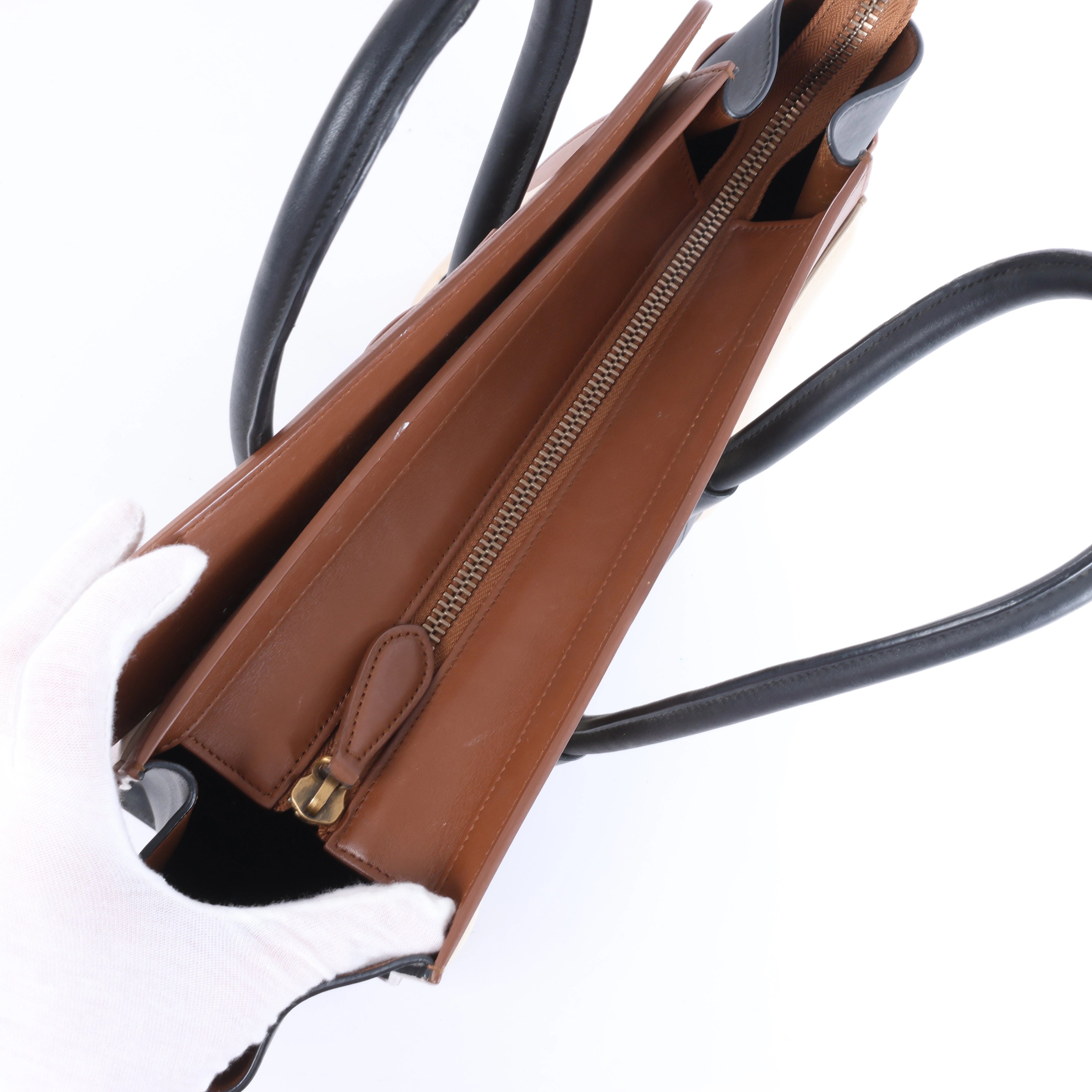 Celine Luggage Micro Shopper Leather Handbag in Black and Brown