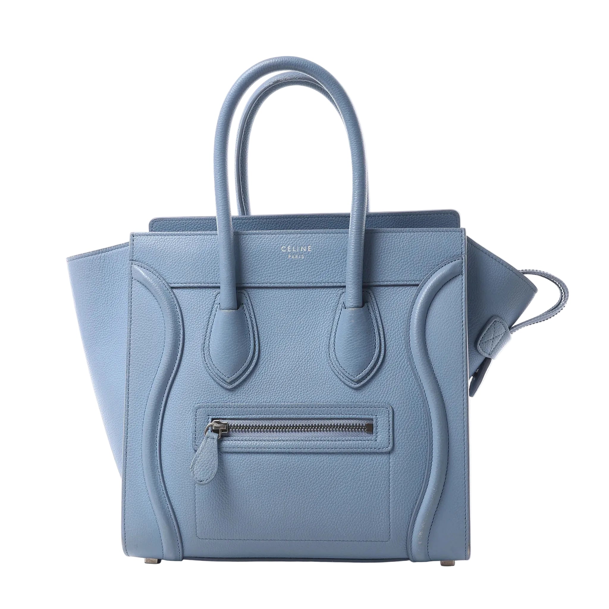 Celine Luggage Micro handbag in light blue grained leather with rolled top handles, winged sides and a front zip pocket.