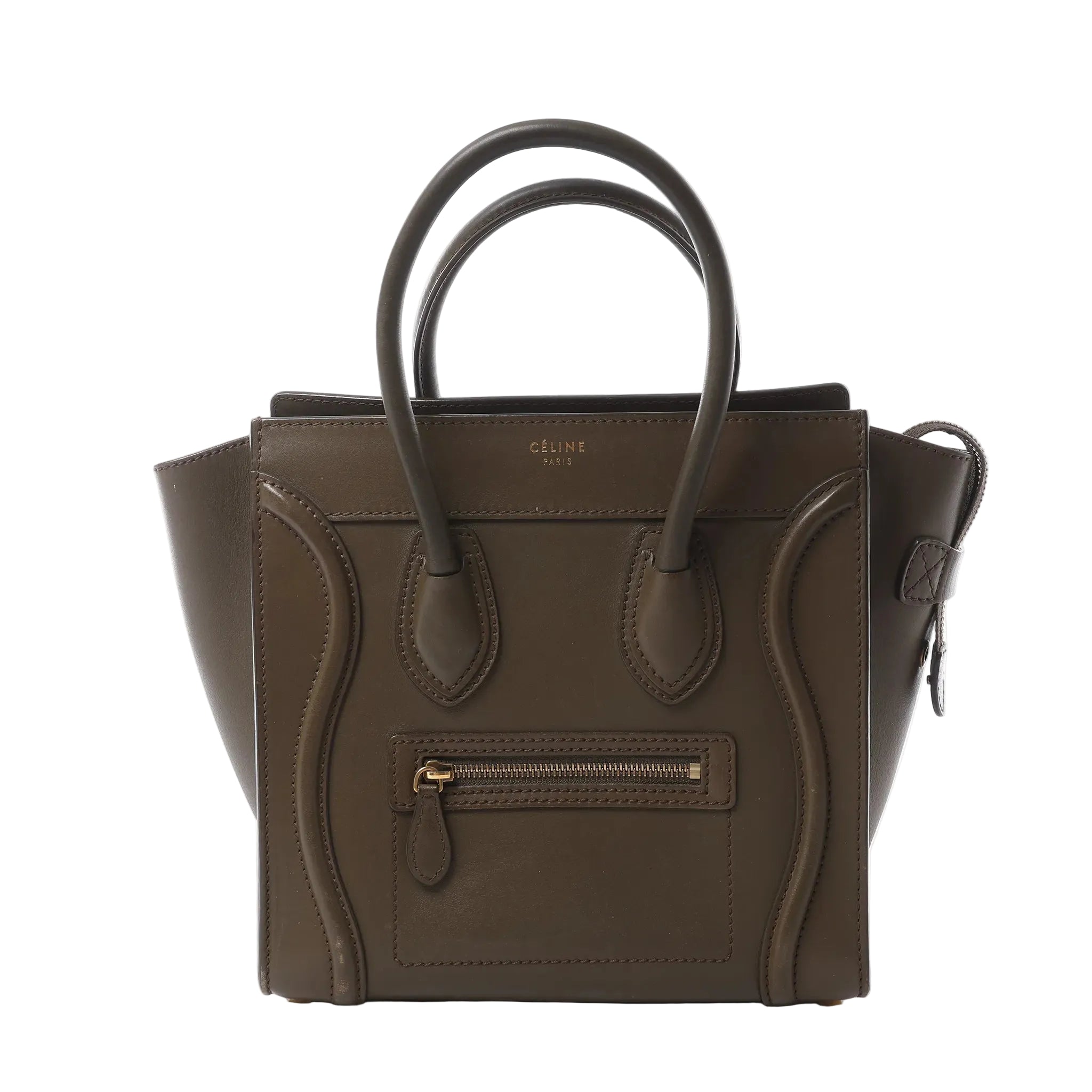 Celine Luggage Micro handbag in khaki smooth leather with rolled top handles, signature front zip pocket, winged side panels and gold-tone hardware, displayed against a white background.
