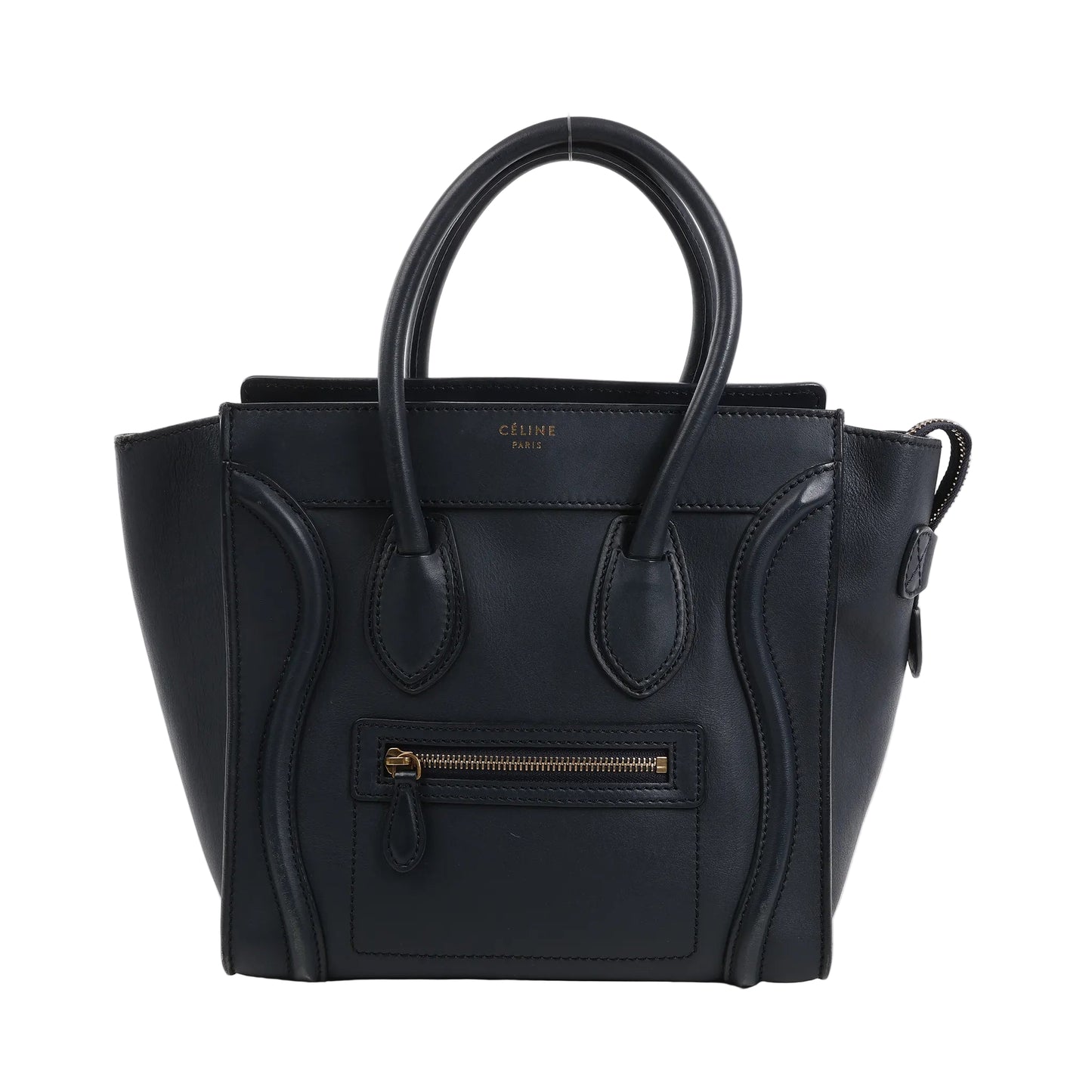 Celine Luggage Micro handbag in smooth navy blue leather with dual top handles, front zip pocket, winged sides, and gold-tone zipper hardware, displayed upright against a white background.