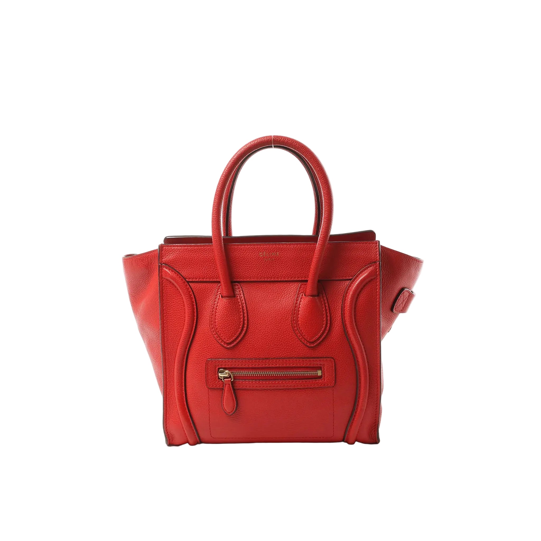 Red Celine Luggage Micro handbag in grained leather with winged sides, double top handles, and front zip pocket with gold-tone zipper