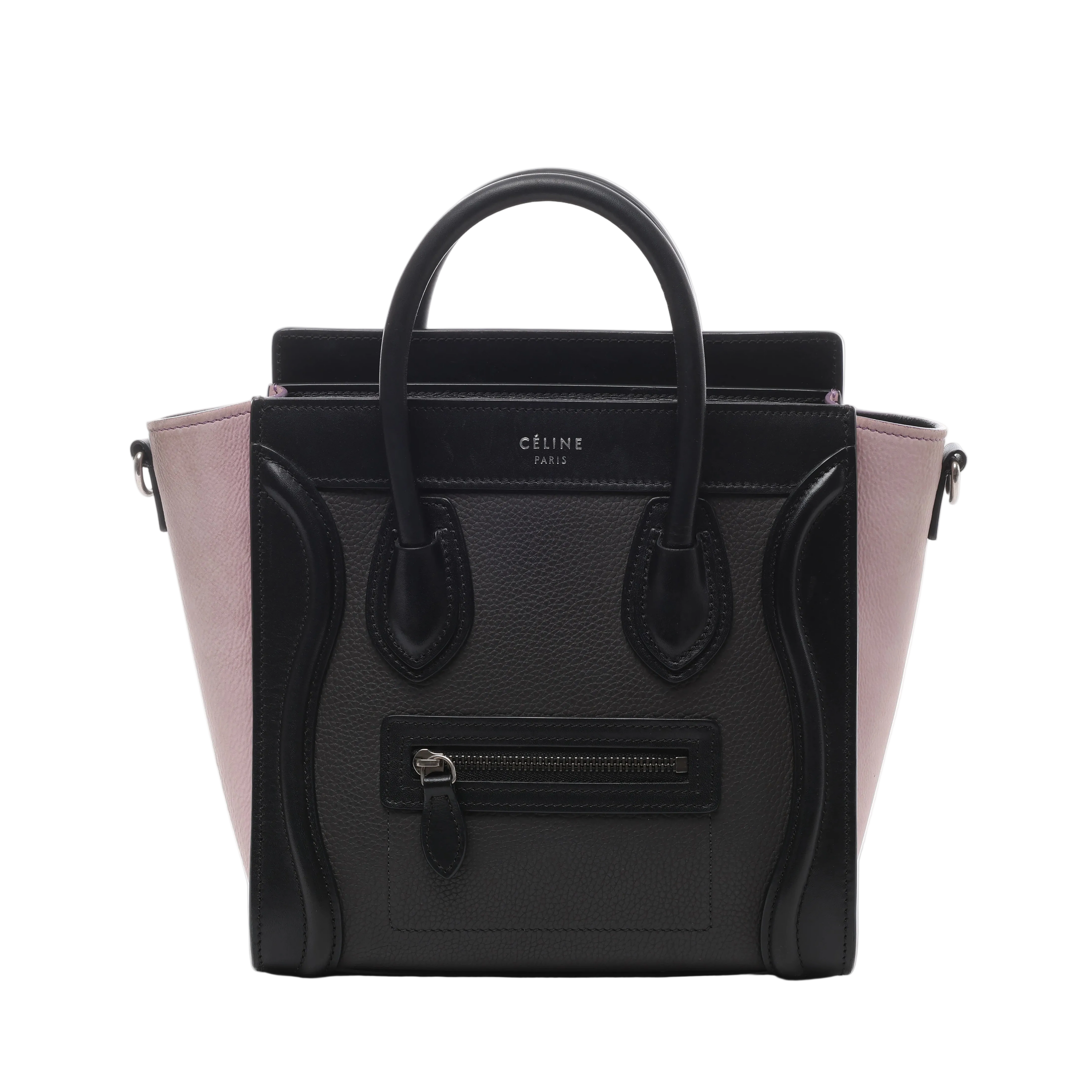 Black Celine Luggage Nano handbag with pale pink side panels, rounded top handles, silver-tone hardware and signature front zip pocket.