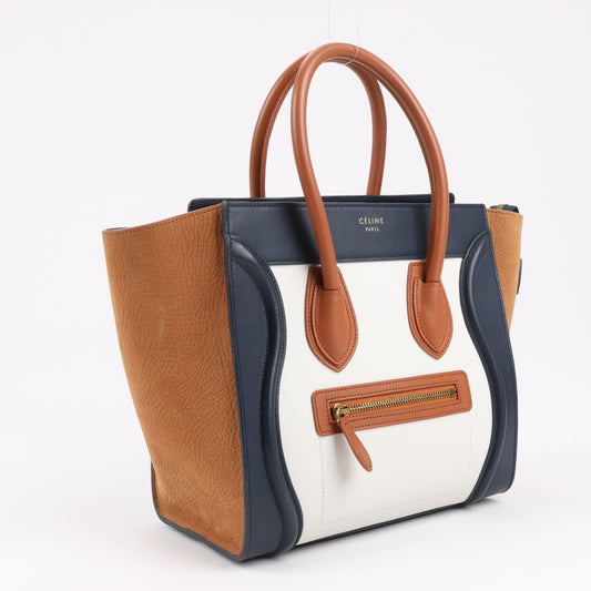 Sac à main CELINE Luggage Micro en cuir et daim tricolore marron