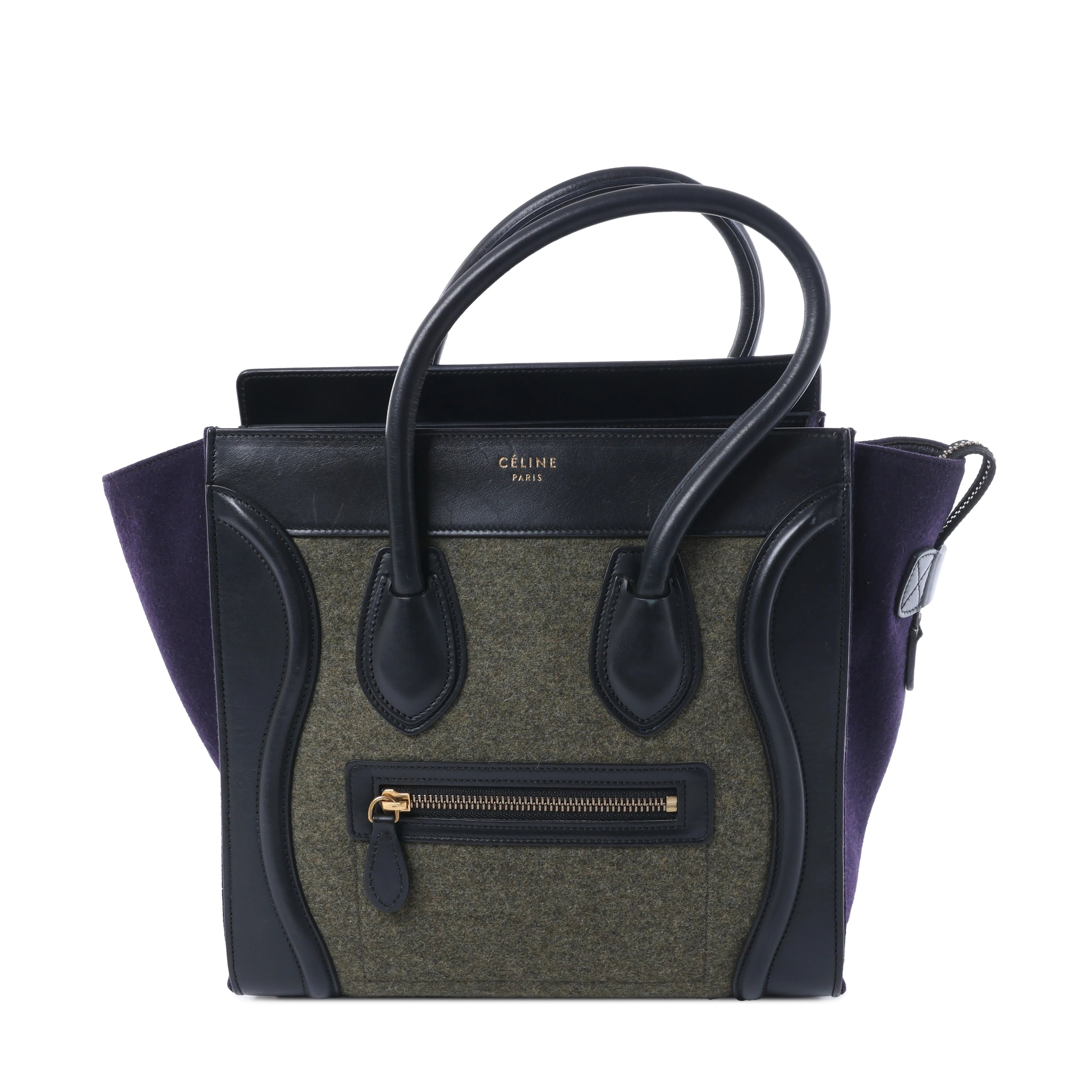 Celine Luggage Micro black leather and green felt handbag with purple side panels, double top handles, gold-tone logo and front zip pocket.