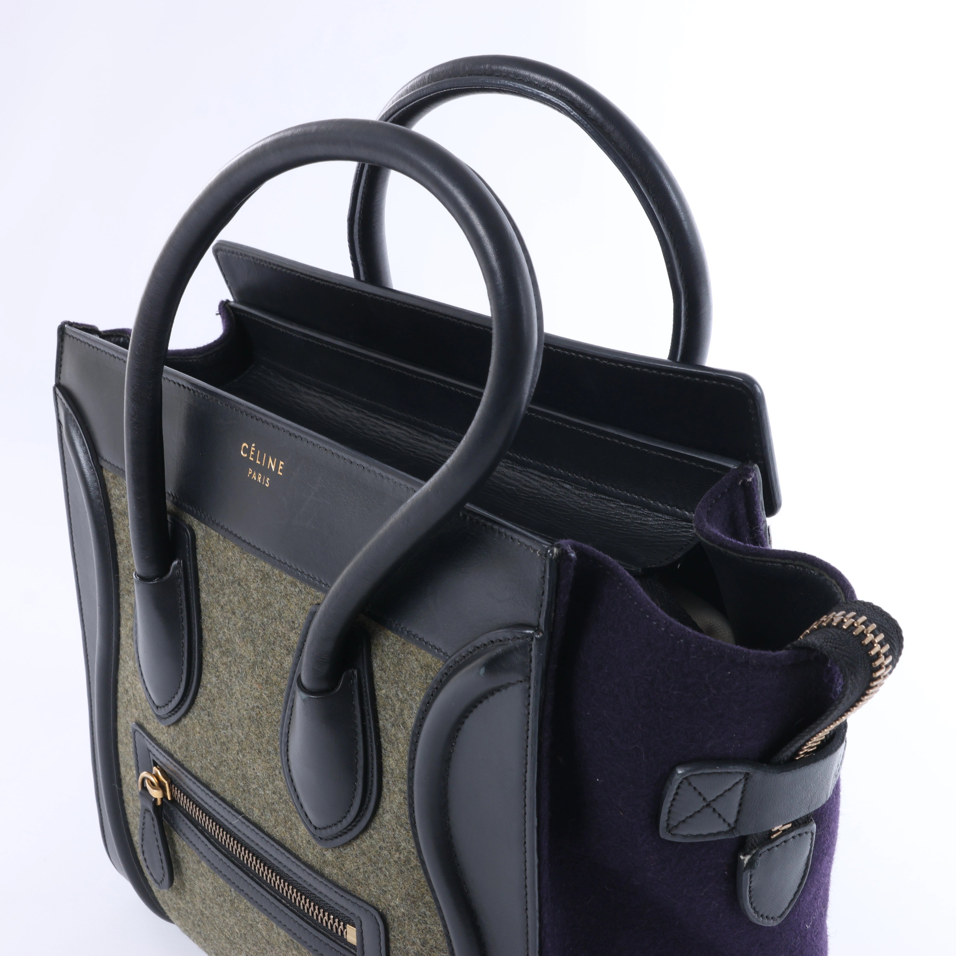 Celine Luggage Micro Leather x Felt Handbag in Black x Green