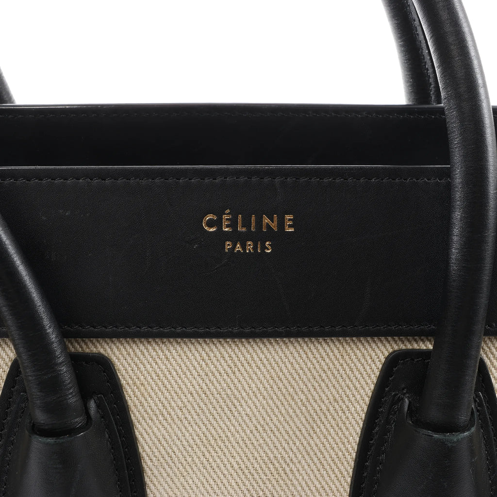 Celine Luggage Micro Leather x Canvas Handbag in Black x Beige x Blue