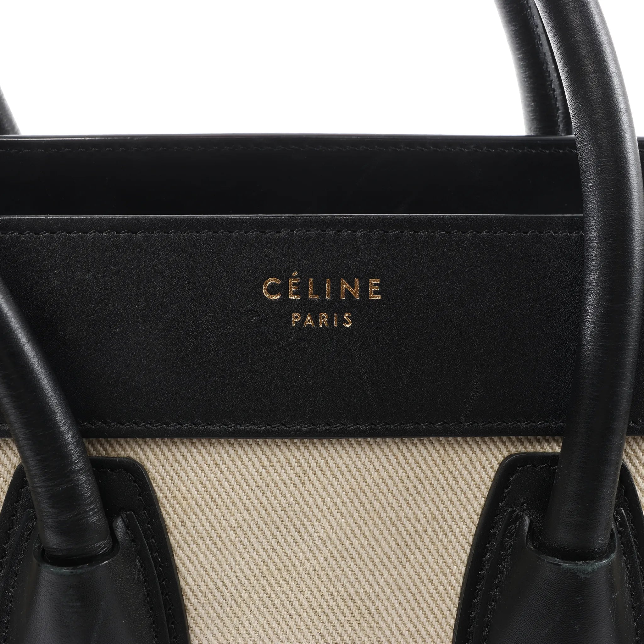 Celine Luggage Micro Leather x Canvas Handbag in Black x Beige x Blue