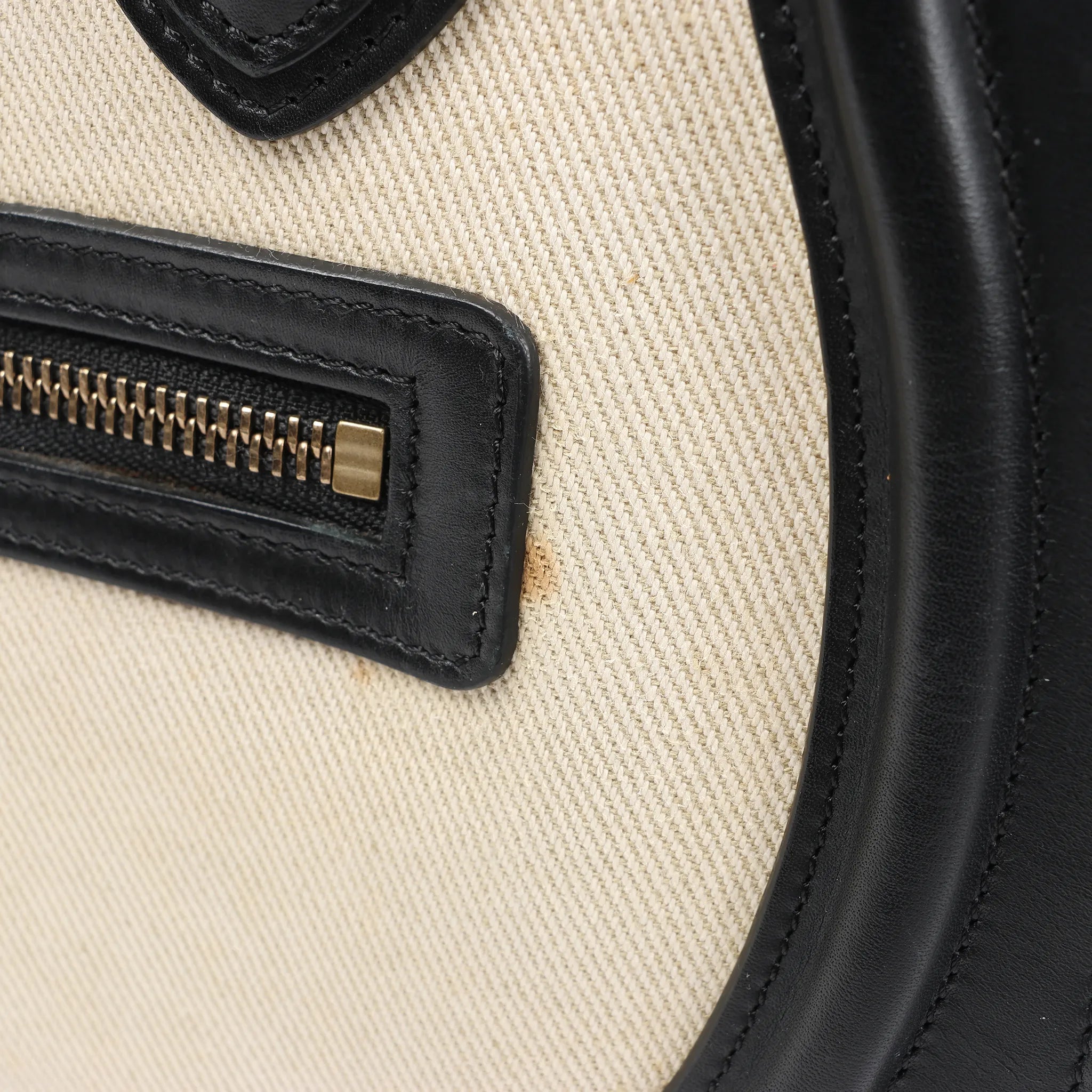 Celine Luggage Micro Leather x Canvas Handbag in Black x Beige x Blue