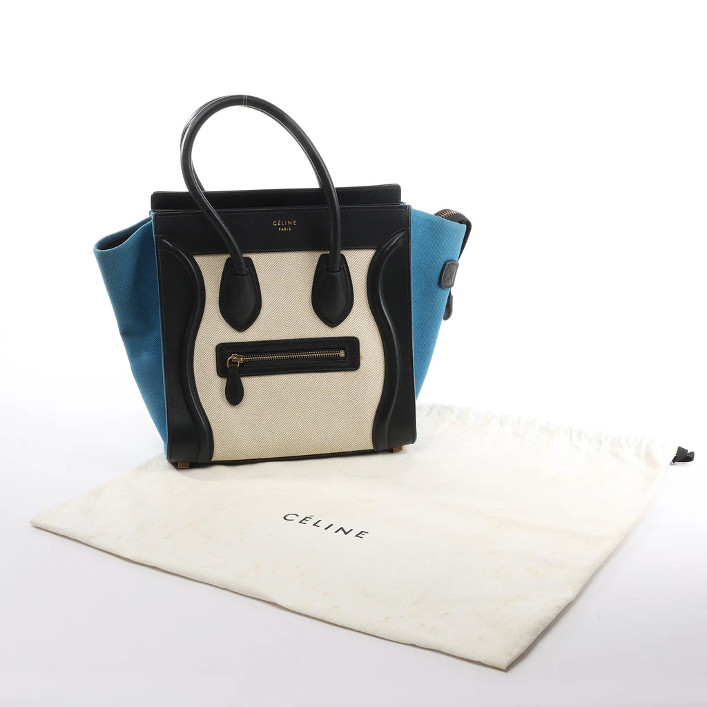 Celine Luggage Micro Leather x Canvas Handbag in Black x Beige x Blue