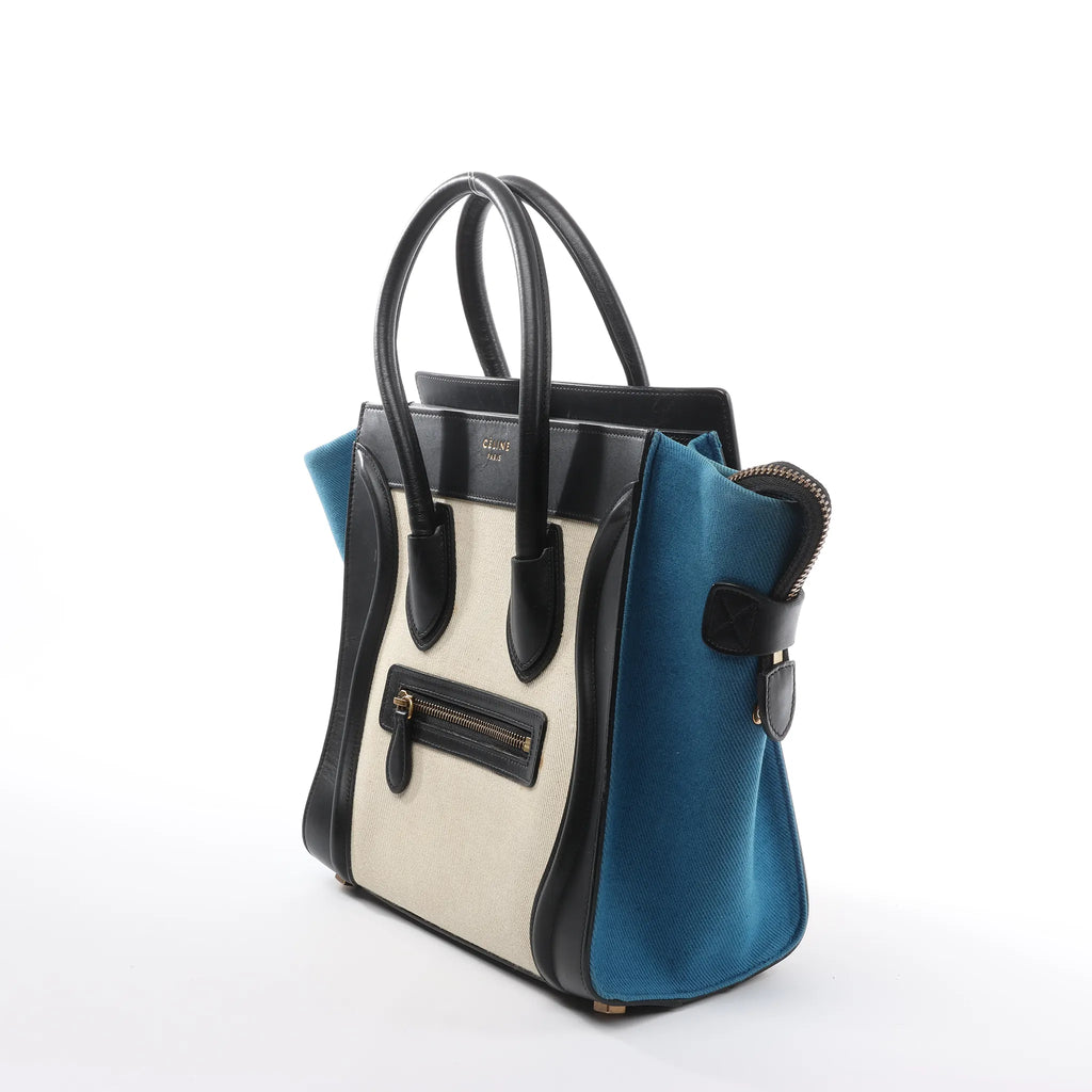 Celine Luggage Micro Leather x Canvas Handbag in Black x Beige x Blue