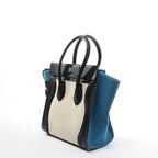 Celine Luggage Micro Leather x Canvas Handbag in Black x Beige x Blue