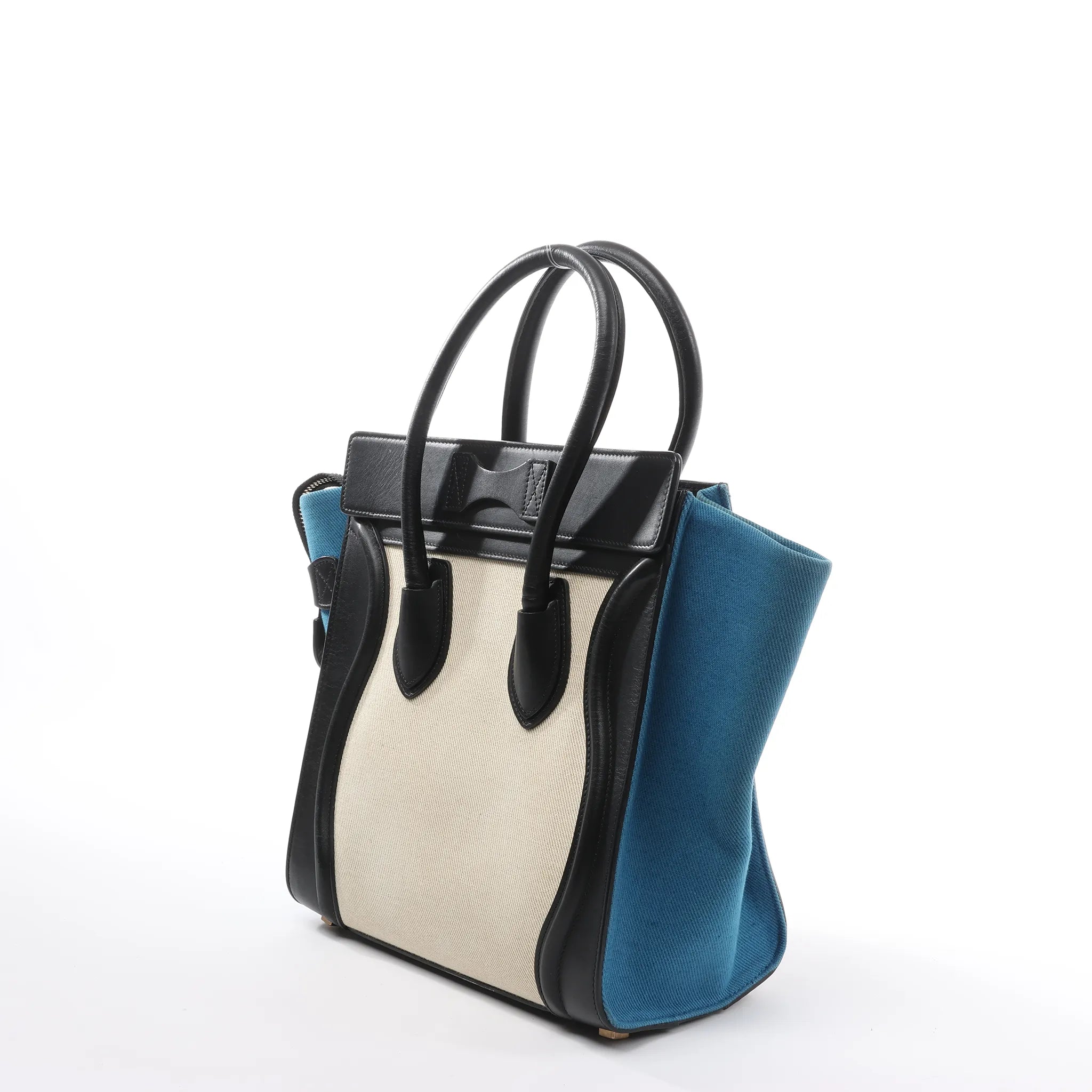 Celine Luggage Micro Leather x Canvas Handbag in Black x Beige x Blue
