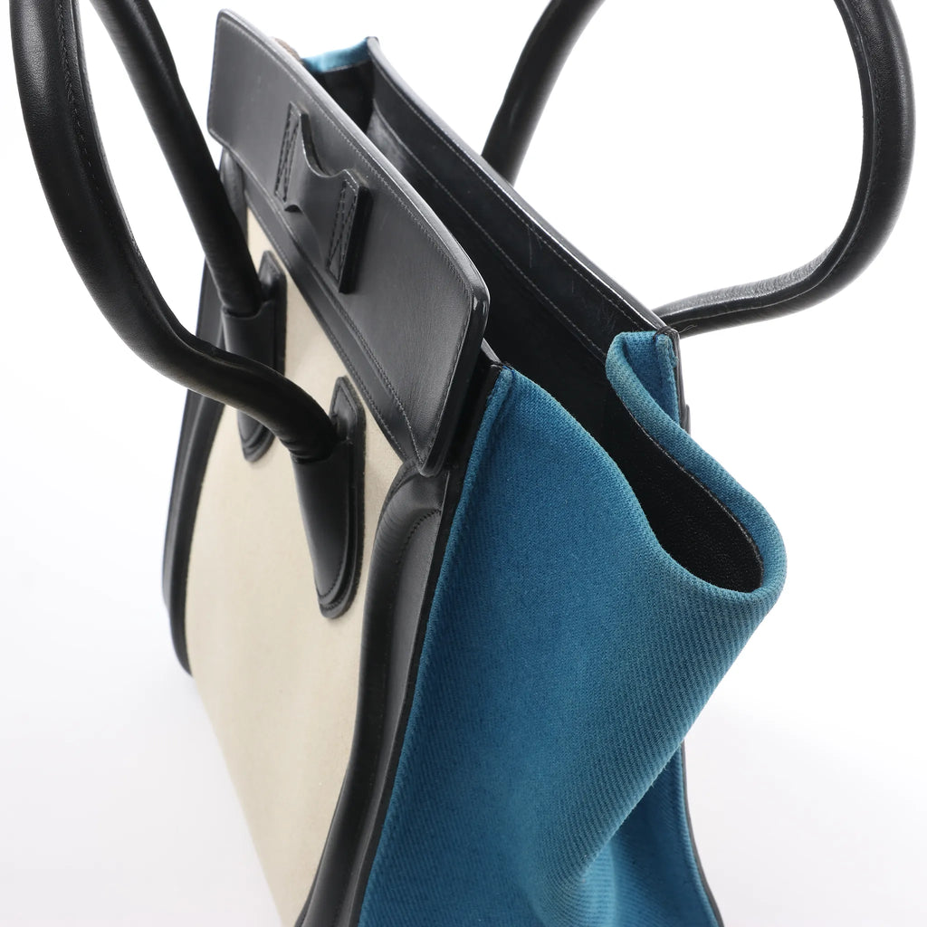 Celine Luggage Micro Leather x Canvas Handbag in Black x Beige x Blue