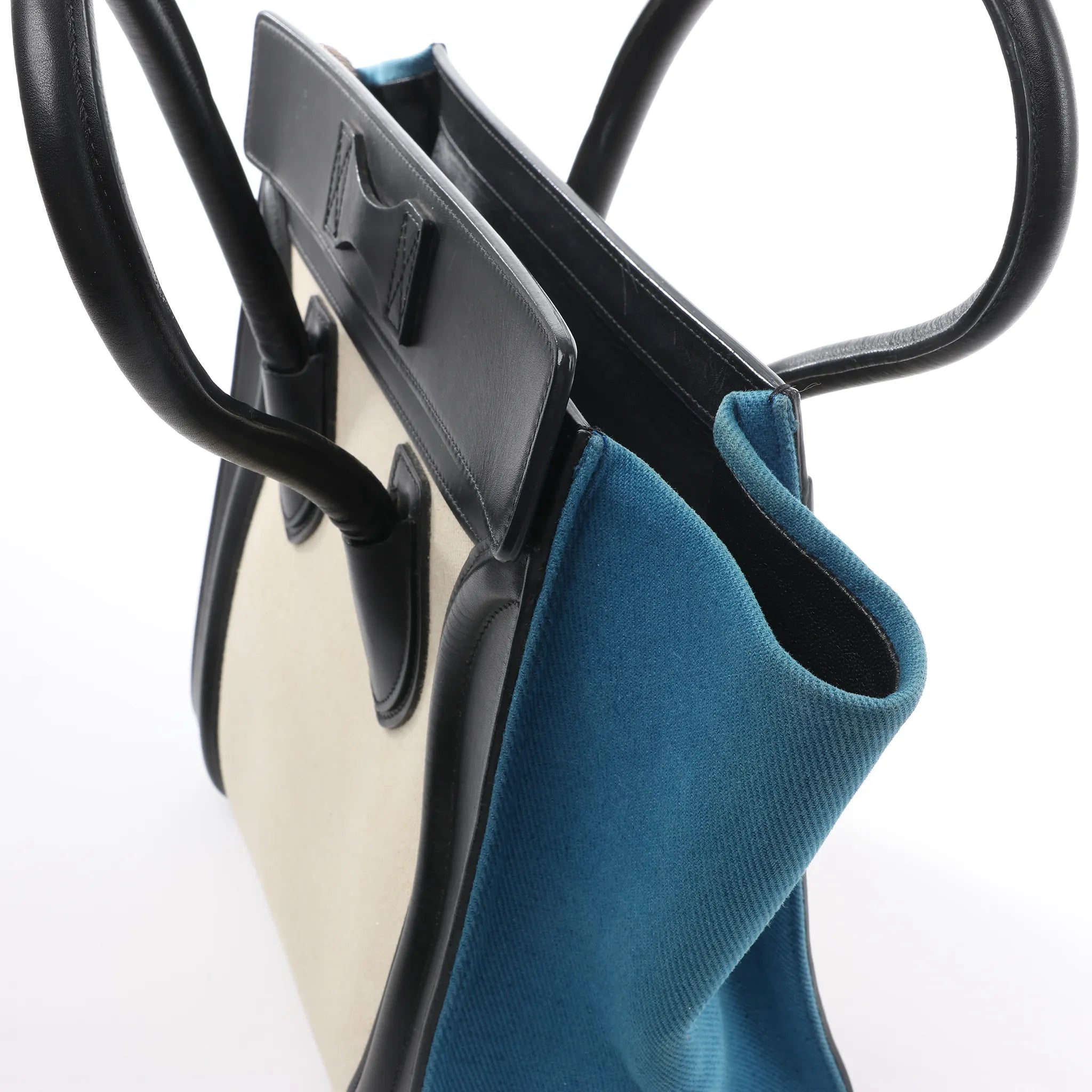 Celine Luggage Micro Leather x Canvas Handbag in Black x Beige x Blue