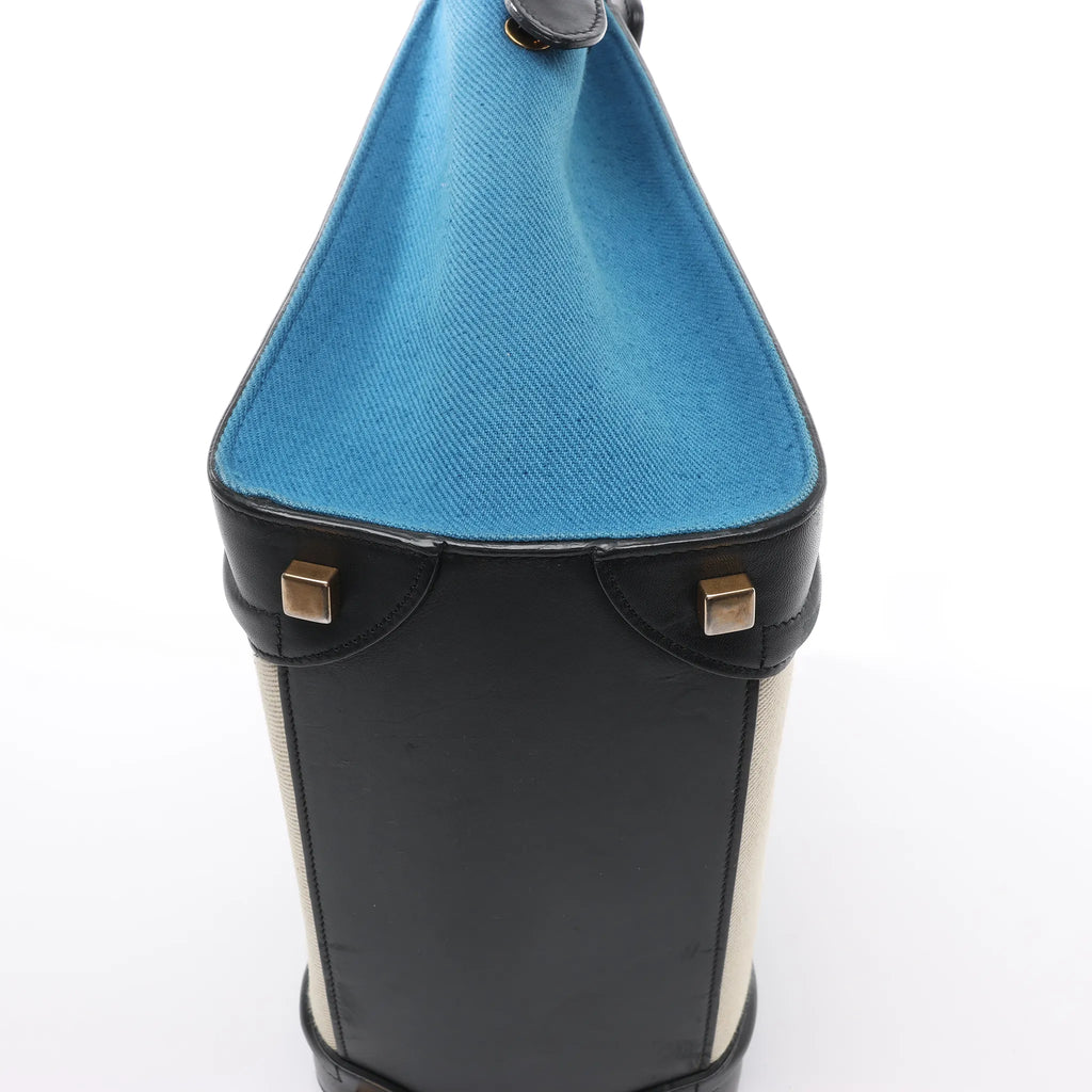 Celine Luggage Micro Leather x Canvas Handbag in Black x Beige x Blue