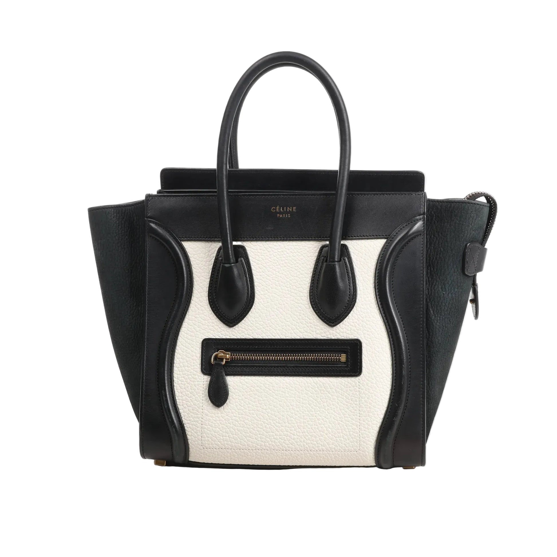 Celine Luggage Micro handbag in black and white featuring grained leather front, black suede side panels, top handles, and a front zip pocket.
