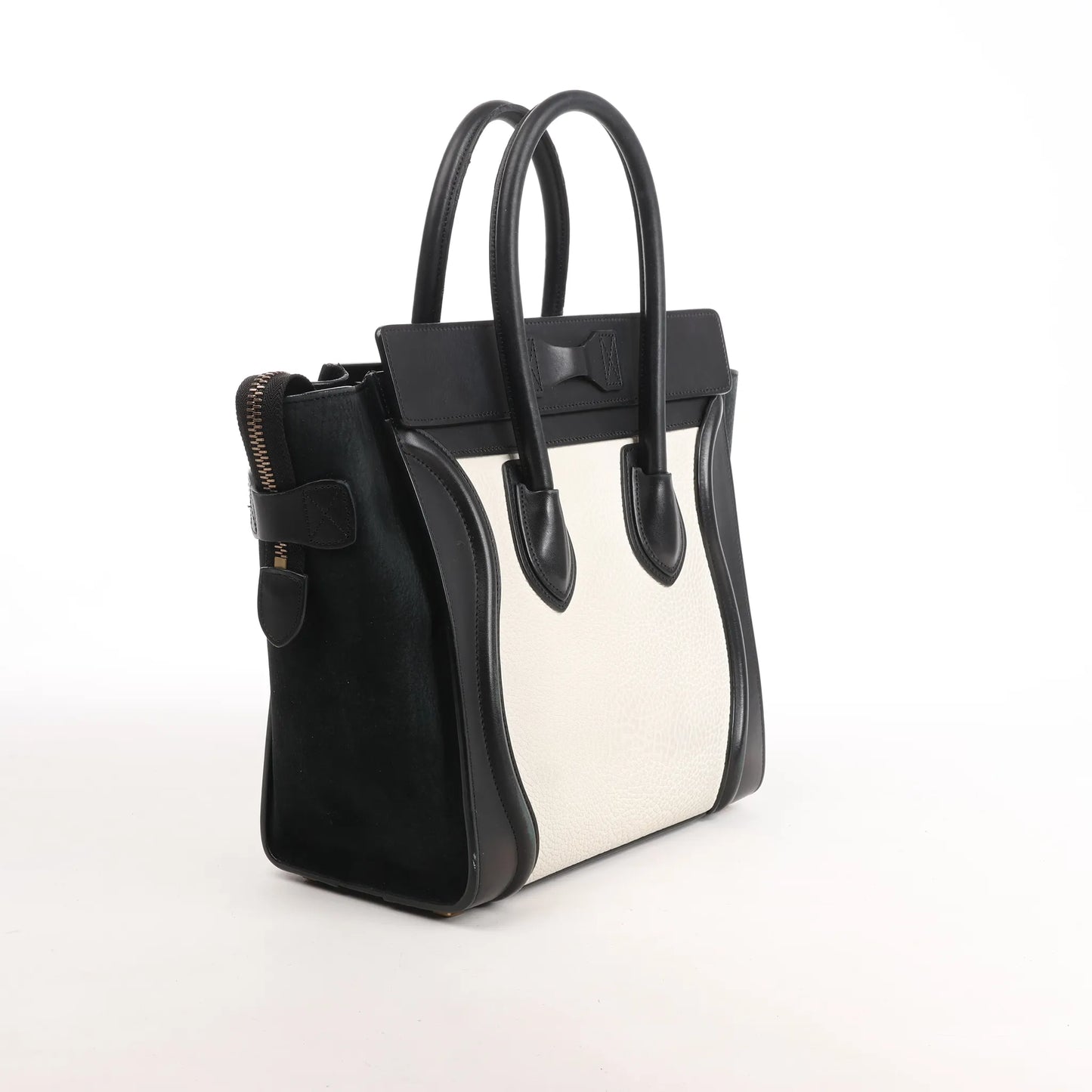 Celine Luggage Micro Leather x Suede Handbag in Black x White