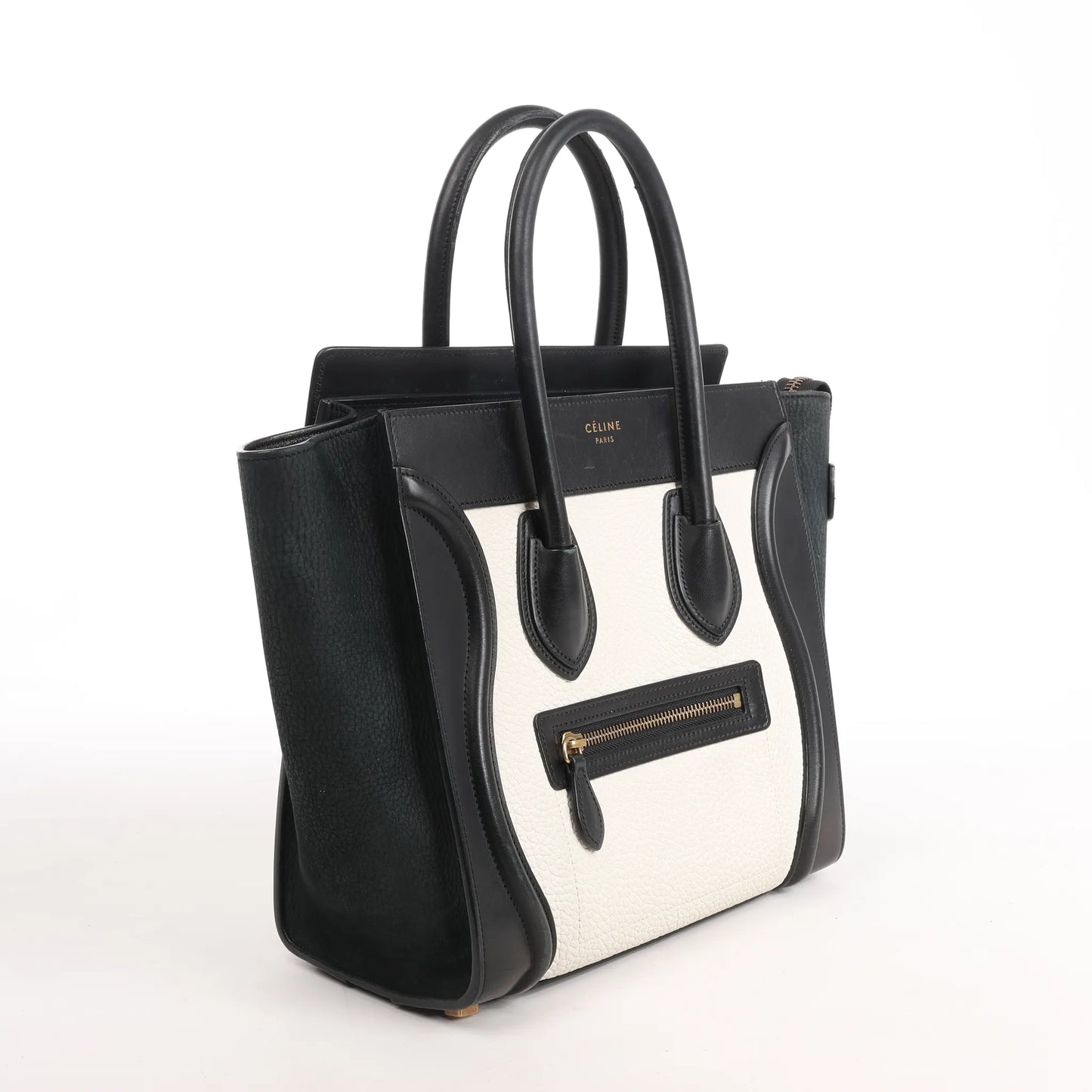 Celine Luggage Micro Leather x Suede Handbag in Black x White