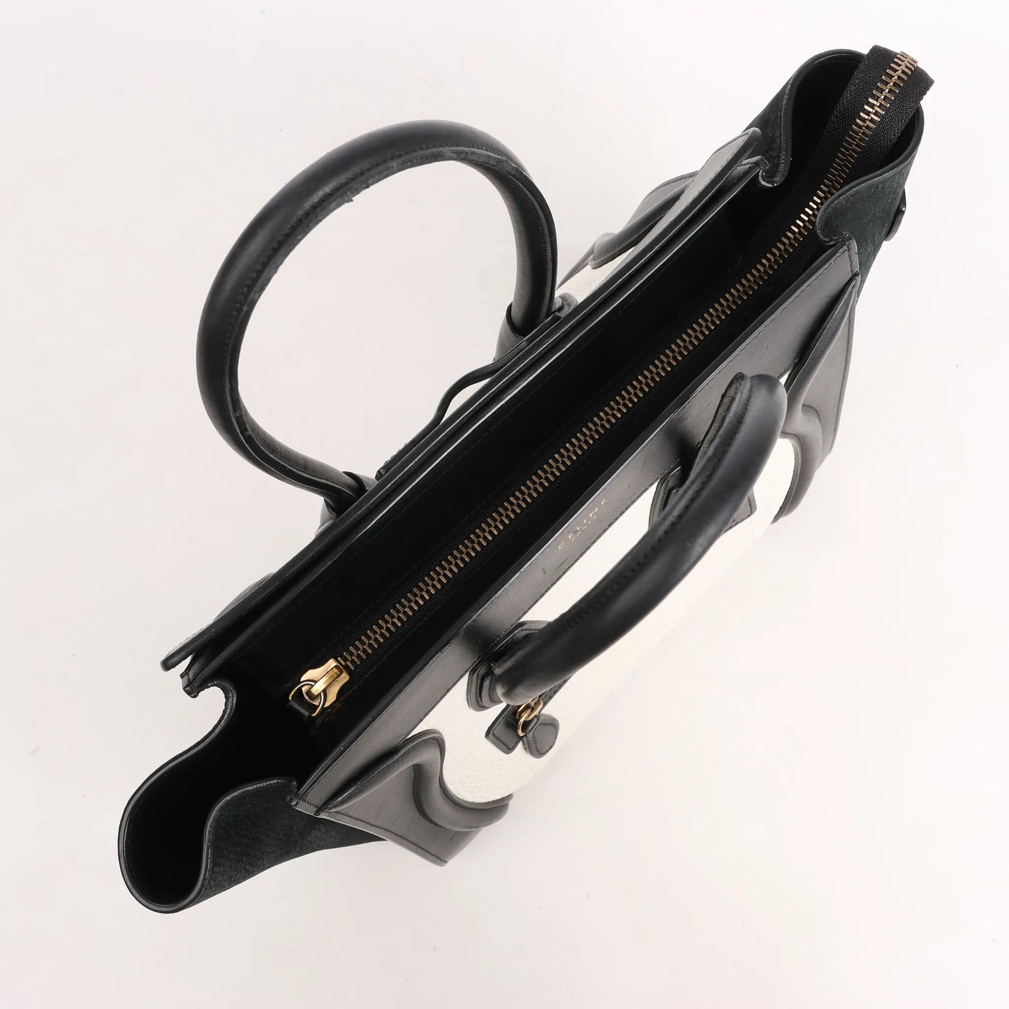 Celine Luggage Micro Leather x Suede Handbag in Black x White