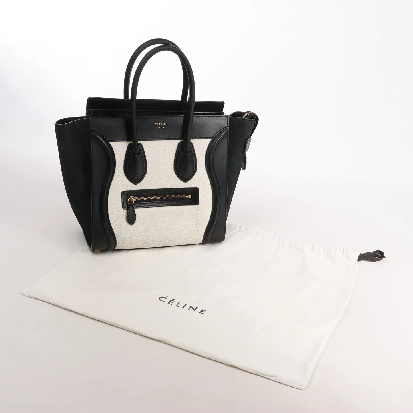 Celine Luggage Micro Leather x Suede Handbag in Black x White