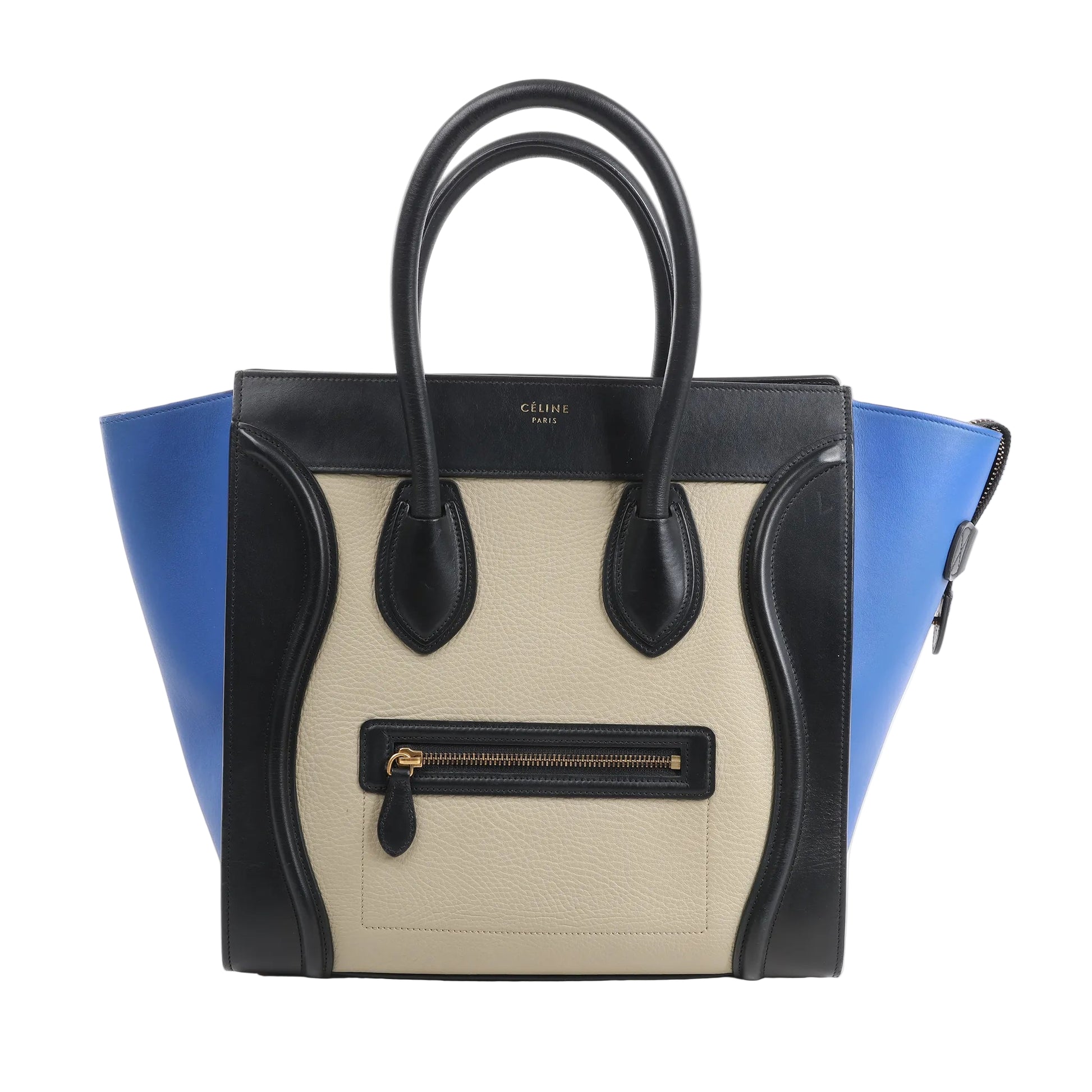 Celine Luggage Mini handbag in tri-color leather with beige front panel, black handles and trim, and blue side wings, featuring a front zip pocket and structured silhouette, displayed against a white background.