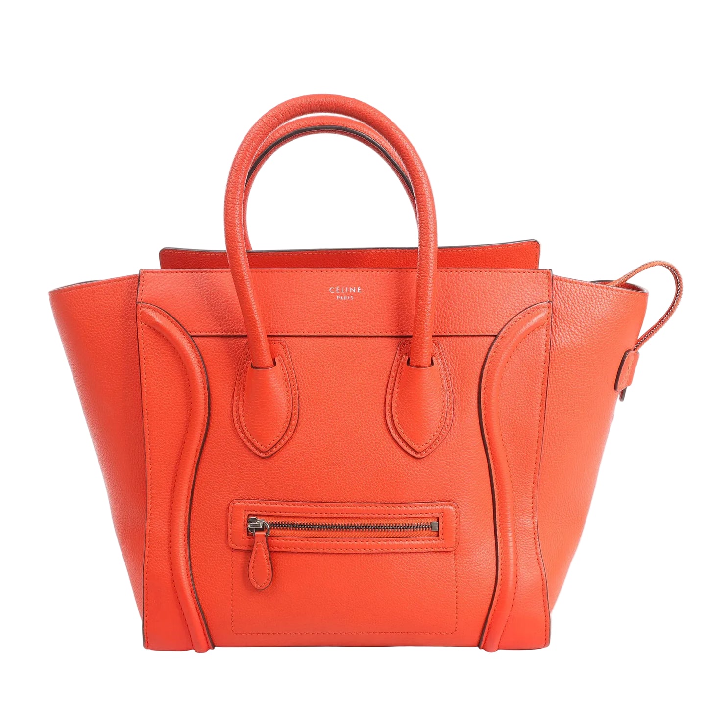 Celine Luggage Mini handbag in bright orange grained leather featuring a structured silhouette with signature winged sides, double top handles, front zip pocket, and minimalist gold logo stamp.