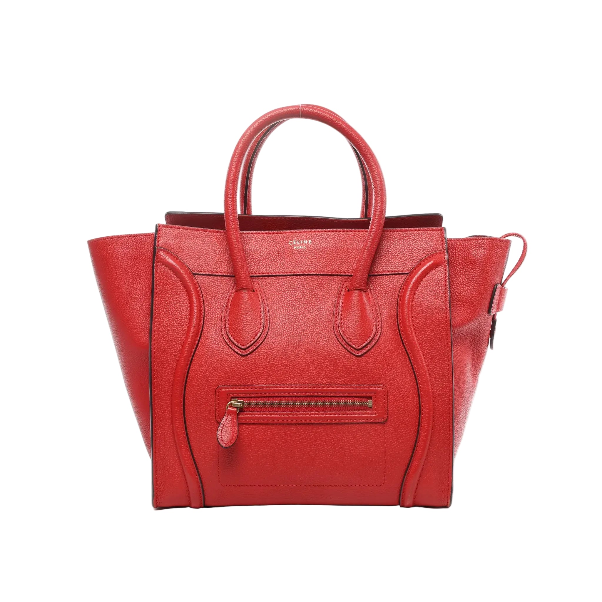 Red Celine Luggage Mini leather handbag with two top handles, signature curved front panels, front zip pocket with leather pull, and winged sides, shown on a white background.