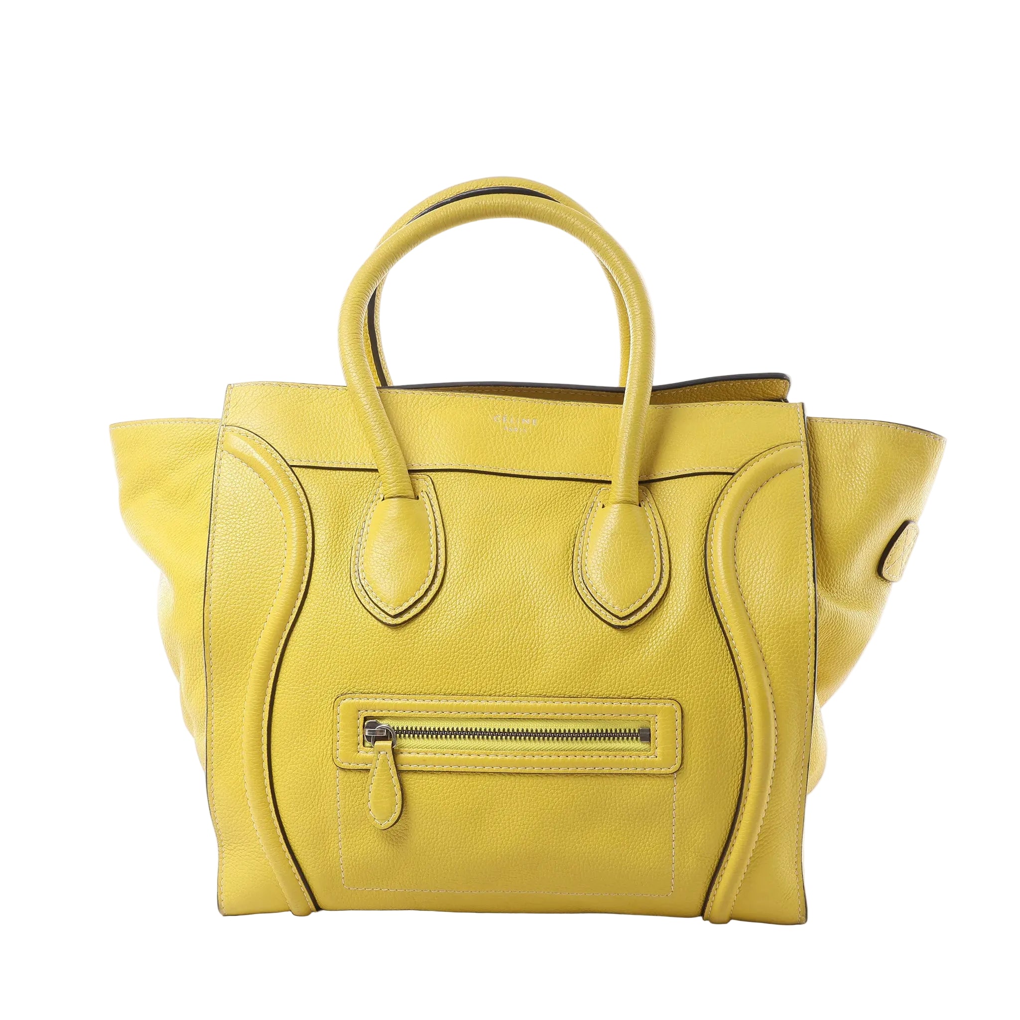 Celine Luggage Mini handbag in yellow grained leather with rolled top handles, winged sides and a front zip pocket.