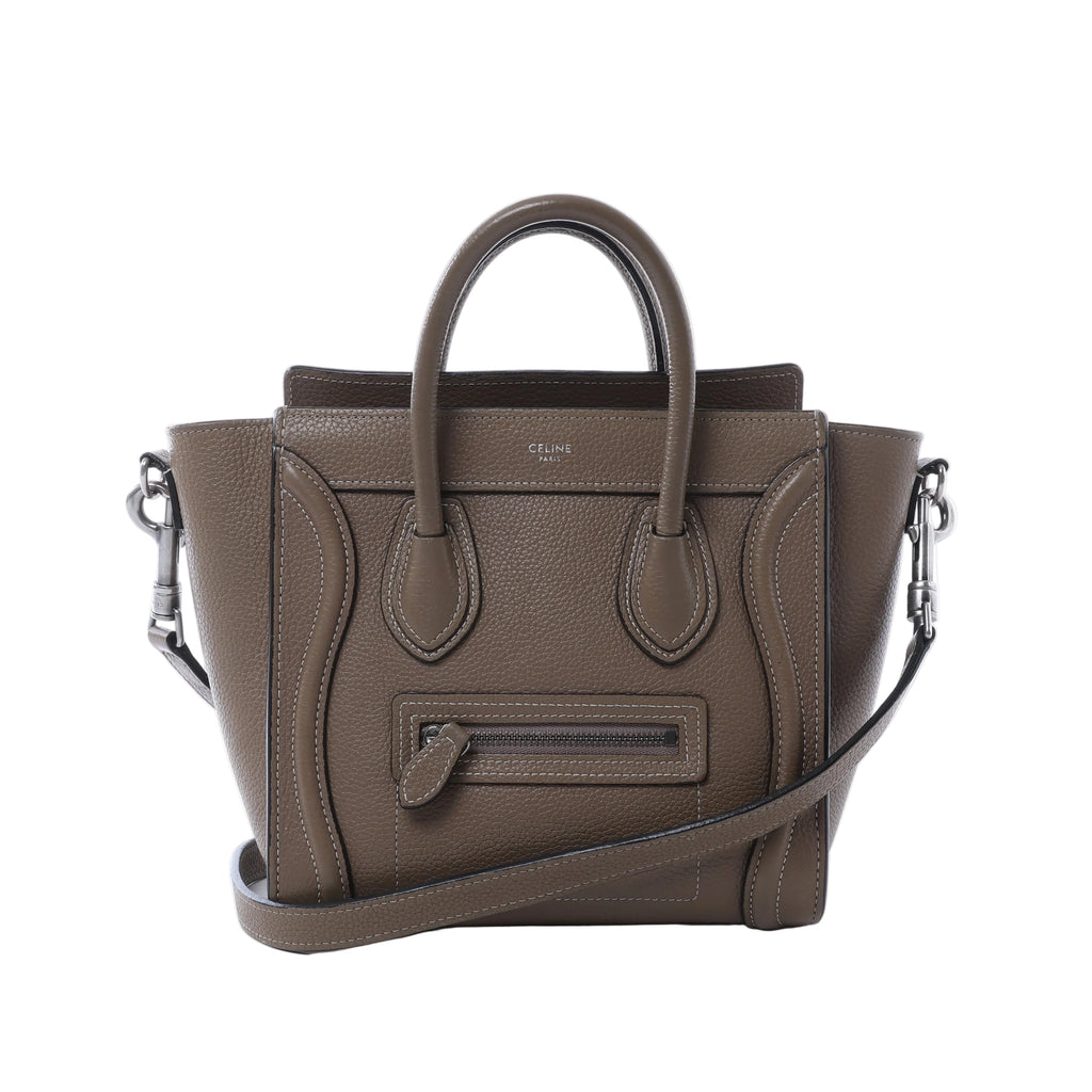 Brown Celine Luggage Nano leather handbag with pebbled texture, top handles, shoulder strap, winged sides and front zip pocket.